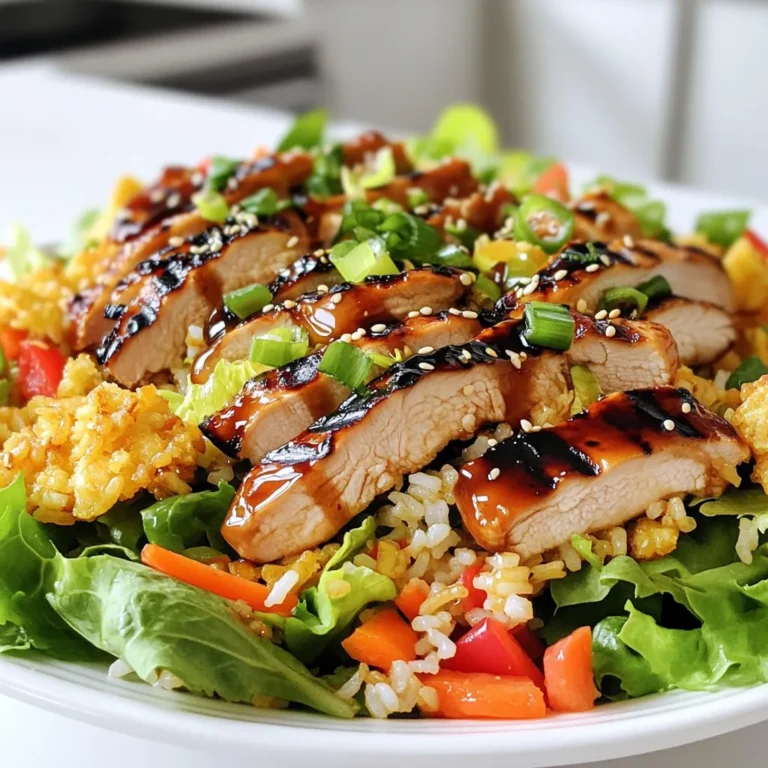 - 2 boneless, skinless chicken breasts - 1/2 cup teriyaki sauce (divided) - 1/4 cup cornstarch - 3 tablespoons vegetable oil - 2 cups cooked jasmine rice (preferably day-old) - 2 cups mixed salad greens (such as spinach, arugula, and romaine) - 1 red bell pepper, diced - 1 cup shredded carrots - 1/4 cup green onions, sliced - 1 tablespoon rice vinegar - Salt and pepper to taste - 1 tablespoon sesame seeds (for garnish) When you make Teriyaki Chicken Crispy Rice Salad, these ingredients are key. The chicken gives you protein and flavor. The teriyaki sauce adds a sweet and savory touch. Cornstarch helps create that crispy rice texture you will love. The cooked jasmine rice makes it filling. For the salad, mix greens, bell pepper, carrots, and green onions for crunch and color. Don't forget the sesame seeds on top! They add a nice touch and great taste. This mix of ingredients makes a tasty, colorful meal that pleases everyone. Plus, it’s fun to eat! To start, you will need to marinate the chicken. Take the two boneless, skinless chicken breasts and place them in a medium bowl. Pour in 1/4 cup of teriyaki sauce. Make sure to coat the chicken evenly. Cover the bowl with plastic wrap or a lid. Let it sit in the fridge for at least 30 minutes. If you have time, let it marinate for up to 2 hours. This step adds great flavor to your chicken. Next, it’s time to cook the chicken. Preheat your grill or grill pan over medium-high heat. When it’s hot, take the chicken out of the marinade. Allow any excess sauce to drip off. Grill the chicken for about 6-7 minutes on each side. Cook until its internal temperature reaches 165°F (75°C). Once done, move the chicken to a cutting board. Let it rest for a few minutes, then slice it into bite-sized pieces. While the chicken rests, prepare the crispy rice. In a large bowl, combine the cooked jasmine rice and 1/4 cup of cornstarch. Toss until every grain is evenly coated in cornstarch. Heat 3 tablespoons of vegetable oil in a non-stick skillet over medium heat. When the oil is hot, add the rice mixture. Press it down into an even layer. Cook for 4-5 minutes until the bottom turns crispy and golden brown. Carefully flip the rice and repeat the process until it is crispy on both sides. Once done, remove it from heat and break it into pieces. Marinating chicken helps add flavor and moisture. Use a bowl, and add your chicken and 1/4 cup of teriyaki sauce. Make sure to cover all parts of the chicken. Cover the bowl with plastic wrap and chill it in the fridge. Let the chicken marinate for at least 30 minutes. For more flavor, let it rest for up to 2 hours. This makes the chicken juicy and tasty. To get that crispy rice, start with cooked jasmine rice, preferably day-old. Mix the rice with cornstarch in a bowl. The cornstarch helps make the rice crispy when cooked. In a non-stick skillet, heat vegetable oil over medium heat. Once hot, add the rice mixture. Press it down into an even layer. Leave it alone for 4-5 minutes. Flip it when the bottom is golden brown. Cook the other side until crispy. Break it into pieces before serving. Serve your salad in clear bowls. This shows off the colorful layers. Place a good amount of the salad mix on each plate. Add the grilled chicken on top. Finish with crispy rice to add crunch. Sprinkle sesame seeds for a nice touch. You can also arrange the chicken in a fan shape. This makes your dish look more appealing and fun to eat. {{image_4}} You can swap chicken for many other proteins. Try shrimp, tofu, or beef. Each brings its own flavor. Shrimp cooks fast and adds a sweet touch. Tofu absorbs flavors well and is great for vegetarians. Beef gives a rich taste. Just remember to adjust cooking times based on the protein you choose. For a vegetarian twist, use firm tofu or tempeh. Marinate it the same way as chicken. Grill it or pan-fry until golden. For a vegan option, go with just veggies and the crispy rice. Use a vegan teriyaki sauce to keep all flavors intact. Toss in extra greens or avocado for creaminess. You can change some ingredients for new tastes. Use brown rice instead of jasmine for a nuttier flavor. Swap red bell pepper for cucumber for a fresh crunch. Add some spicy elements like jalapeños for heat. Experiment with different salad greens, like kale or mixed greens, to keep it exciting. To keep your Teriyaki Chicken Crispy Rice Salad fresh, place leftovers in an airtight container. Make sure to cool the salad to room temperature before sealing. If you have leftover crispy rice, store it separately. This way, the rice stays crunchy, and the salad remains fresh. When reheating, use a microwave for the chicken and rice. Heat in short bursts of 30 seconds. Check the temperature in between. You want everything warm, not hot. Avoid reheating mixed salad greens as they can wilt. Add them fresh when serving. - Cooked chicken: 3 to 4 days in the fridge. - Jasmine rice: 4 to 6 days if stored properly. - Salad greens: Use within 2 to 3 days for the best taste. - Teriyaki sauce: Can last for months if kept sealed. Yes, you can use brown rice. Brown rice adds a nutty flavor and more fiber. It might take longer to cook. Make sure to adjust the water and cooking time. Jasmine rice gives a softer texture, while brown rice is chewier. Both work well in this salad. You can use soy sauce, hoisin sauce, or a mix of both. These options add a savory taste. If you want a sweeter sauce, try adding honey or maple syrup. Adjust the flavor to fit your taste buds. Each sauce will change the salad's final flavor, so choose what you love. This salad is not spicy at all. It focuses on sweet and savory flavors. The teriyaki sauce adds sweetness, while the fresh veggies provide crunch. If you like spice, consider adding sliced jalapeños or chili flakes. This will give the salad a nice kick without overpowering it. This blog post covered the ingredients and steps to make teriyaki chicken. You learned how to marinate the chicken and cook it perfectly. We explored tips for crispy rice and creative serving ideas. You also discovered variations like vegetarian options and ingredient swaps. Finally, we discussed storage and reheating tips to keep your meal fresh. Teriyaki chicken is easy and fun to make. Try your own twists and enjoy!