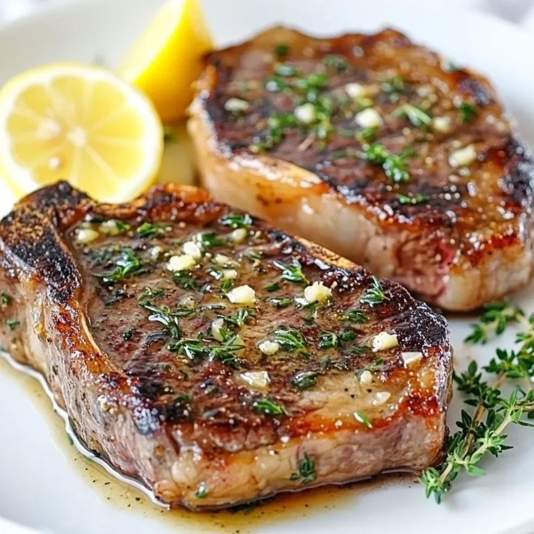 To make the best garlic butter steak, you need a few key ingredients. Here’s what you should gather: - 2 ribeye steaks (approximately 1 inch thick) - 4 tablespoons unsalted butter, divided - 4 cloves garlic, finely minced - 1 tablespoon fresh thyme leaves, chopped - 1 tablespoon fresh rosemary leaves, finely chopped - 1 teaspoon sea salt - 1/2 teaspoon freshly cracked black pepper - 1 tablespoon olive oil - Lemon wedges, for serving These ingredients work together to create a rich, savory flavor that elevates the steak. Ribeye steaks are my favorite for this recipe. They have a nice fat content that makes them tender and juicy. You can also use sirloin or filet mignon if you prefer. Just remember that different cuts may require slight changes in cooking time. Fresh herbs make a big difference in flavor. Thyme and rosemary add a lovely aroma to the garlic butter. Sea salt and black pepper enhance the natural taste of the steak. Always use fresh herbs when possible for the best results. {{ingredient_image_2}} Start by taking your ribeye steaks out of the fridge. Let them sit for about 30 minutes. This helps them cook evenly. While they rest, pat the steaks dry with paper towels. Drying helps form a nice crust when searing. Now, sprinkle sea salt and black pepper on both sides. This adds flavor right into the meat. Next, grab a large skillet or cast iron pan. Heat it over medium-high heat and add olive oil. When the oil starts to shimmer, it’s ready. Carefully place the seasoned steaks in the pan. Do not move them for about 4-5 minutes. This allows a golden-brown crust to form. After 4-5 minutes, use tongs to flip the steaks. Lower the heat to medium. Cook for another 4-5 minutes for medium-rare. Adjust the time if you want it more or less cooked. As the steaks cook, it’s time to prepare the garlic butter. Add 2 tablespoons of unsalted butter to the pan. Then, add minced garlic, thyme, and rosemary. Tilt the skillet a bit so the butter pools. Use a spoon to baste the steaks with the melted butter and herbs. Do this for about 1-2 minutes. This adds a rich flavor to the meat. Once your steaks reach the desired doneness, remove them from the skillet. Place them on a plate and cover loosely with foil. Let them rest for 5-10 minutes. This step is key to a juicy steak. After resting, slice the steaks against the grain. Drizzle the remaining garlic butter over the slices. Serve with lemon wedges for a fresh twist. Enjoy your flavorful creation! To get the right doneness for your steak, use a meat thermometer. For medium-rare, aim for 130°F to 135°F. Insert the thermometer into the thickest part of the steak. Remember, the steak will continue to cook while it rests. Let it sit for 5-10 minutes after cooking. This keeps it juicy and flavorful. Using the right tools makes a big difference. Here are my top picks: - Cast Iron Skillet: It holds heat well and gives a great sear. - Tongs: Use these to flip the steak easily without piercing it. - Meat Thermometer: This tool helps you check the doneness quickly. These tools simplify the process and help you achieve a perfect steak. Basting adds rich flavor to your steak. Here’s how to do it well: 1. Use Garlic Butter: In the last few minutes of cooking, add butter, minced garlic, thyme, and rosemary to the pan. 2. Tilt the Skillet: This allows the butter to pool. 3. Spoon the Mixture: Drizzle the melted butter over the steak repeatedly. This infuses it with aroma and taste. Basting makes your steak more delicious and visually appealing. Give it a try! Pro Tips Resting is Key: Allow the steaks to rest after cooking. This helps the juices redistribute, making the meat more tender and juicy. Use a Meat Thermometer: For perfect doneness, invest in a meat thermometer. Aim for 130°F (54°C) for medium-rare, adjusting according to your preference. High Heat for Searing: Ensure your pan is very hot before adding the steaks. A good sear locks in flavors and gives a delicious crust. Experiment with Herbs: Feel free to mix different herbs like oregano or basil for varied flavor profiles in the garlic butter. {{image_4}} If you want to switch it up, try different cuts of steak. Ribeye is rich and tender, but many other options work well. Here are some great alternatives: - Sirloin: A leaner cut, it offers great flavor and is more affordable. - Filet Mignon: This cut is very tender and has a mild taste. - T-bone: A classic choice, it has both tenderloin and strip steak. - Flank Steak: A flavorful cut, it’s best when marinated and sliced thin. Each cut brings its own texture and taste. Choose based on what you enjoy or have on hand. You can play with spices and flavors to create your perfect garlic butter steak. Here are some ideas to inspire you: - Smoked Paprika: Adds a smoky depth to the steak. - Cumin: Offers a warm, earthy flavor that pairs well with garlic. - Chili Powder: For a bit of heat and spice. - Lemon Zest: Brightens the dish and adds a fresh twist. Feel free to mix and match. Cooking is about finding what you love! When serving your garlic butter steak, consider these tasty side dishes: - Grilled Asparagus: A simple and elegant side. - Garlic Mashed Potatoes: Creamy potatoes balance the steak’s rich flavor. - Caesar Salad: The crisp greens add freshness. - Corn on the Cob: Sweet corn is a classic summer side. These sides not only complement the steak but also create a complete meal. Enjoy mixing and matching to find your favorite pairings! To store leftover steak, let it cool first. Wrap the steak tightly in plastic wrap or foil. You can also place it in an airtight container. Make sure to get rid of any air to keep it fresh. Store it in the fridge for up to three days. If you want to keep it longer, freezing is a great option. When it's time to reheat your steak, avoid the microwave if possible. The microwave can make it tough. Instead, use a skillet. Heat a little olive oil over medium heat. Place the steak in the pan and cover it with a lid. This method keeps the moisture in and heats it evenly. Heat for about 3-4 minutes on each side. For added flavor, you can melt some garlic butter and drizzle it over the steak while reheating. To freeze leftover steak, wrap it tightly in plastic wrap. Then place it in a freezer bag or airtight container. Make sure to label the bag with the date. The steak can stay in the freezer for up to three months. When you are ready to eat it, thaw it in the fridge overnight. After thawing, follow the reheating tips for the best taste. This way, your Ultimate Garlic Butter Steak will still be delicious! To check if your steak is cooked right, use a meat thermometer. Insert it into the thickest part of the steak. Here’s a simple guide for doneness: - Rare: 125°F (52°C) - Medium Rare: 135°F (57°C) - Medium: 145°F (63°C) - Medium Well: 150°F (66°C) - Well Done: 160°F (71°C) If you don’t have a thermometer, you can use the touch test. Press the steak with your finger. A rare steak feels soft, while a well-done steak feels firm. Yes, you can make garlic butter ahead of time. Mix the butter, minced garlic, and herbs together. Then, place it in an airtight container. You can store it in the fridge for up to a week. For longer storage, freeze it in small portions. Just cut a slice when you need it. If you don’t have fresh herbs, dried herbs work well. Use 1/3 of the amount since dried herbs are more potent. Try these substitutes: - Thyme: Use dried thyme. - Rosemary: Use dried rosemary. You can also use Italian seasoning as a quick mix. Remember, fresh herbs add bright flavors, but dried herbs still give a nice taste. In this post, I covered how to make the perfect garlic butter steak. I shared key ingredients, from steak cuts to fresh herbs. You learned step-by-step instructions for preparing and searing your steak. I included tips for doneness and flavor enhancements. Don’t forget to explore variations and how to store leftovers properly. Cooking steak can be simple and tasty. Enjoy experimenting to find your favorite flavor combinations. Each bite can be a flavorful adventure. Happy cooking!
