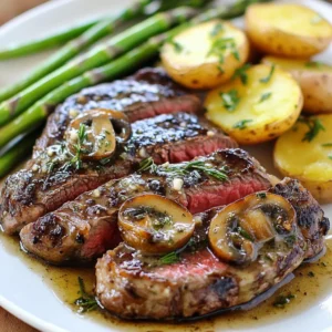- 2 ribeye steaks (1.5 inches thick) - 2 tablespoons extra-virgin olive oil - 3 cloves garlic, finely minced - 2 sprigs fresh rosemary, finely chopped - 2 tablespoons unsalted butter - Sea salt and freshly cracked black pepper to taste - 1 tablespoon Worcestershire sauce - 1 cup cremini mushrooms, sliced - 1 cup asparagus spears, trimmed - 1 cup baby potatoes, halved - Fresh herbs (parsley or chives) for garnish For the best flavor, I recommend using high-quality extra-virgin olive oil. Brands like California Olive Ranch or Colavita offer great taste. Use unsalted butter for better control over salt levels. Look for good Worcestershire sauce like Lea & Perrins for a rich, savory kick. When choosing ribeye steaks, look for ones with bright red color and good marbling. The fat adds flavor and tenderness. For fresh produce, find firm, vibrant asparagus and smooth baby potatoes. Local farmers' markets are great for fresh options. To cook your steak perfectly, a heavy skillet is key. I prefer cast iron for its heat retention. Look for a 10 or 12-inch skillet. A good meat thermometer is also handy for checking doneness. A sharp knife will help slice the steak easily. Use a cutting board to rest your steak after cooking. These tools make a big difference in your cooking experience. {{ingredient_image_2}} - Bringing the steaks to room temperature: Take the ribeye steaks out of the fridge. Let them sit for about 30 minutes. This helps them cook evenly. Pat them dry with paper towels to help get a great sear. - Preparing vegetables for cooking: Trim the asparagus spears and slice the cremini mushrooms. Halve the baby potatoes for even cooking. Set them aside, ready for sautéing. - How to achieve the perfect steak sear: Heat a cast iron skillet over medium-high heat. Add a drizzle of extra-virgin olive oil. Place the steaks in the hot skillet without crowding. Sear each side for about 4-5 minutes. Aim for a nice brown crust. Use a meat thermometer to check for 130°F (54°C) for medium-rare. - Sautéing vegetables for maximum flavor: After the steaks are done, keep the heat on. Add the sliced mushrooms and asparagus to the skillet. Sauté for about 5-7 minutes until they soften. Drizzle with Worcestershire sauce for added flavor. Scrape up any brown bits from the pan for extra taste. - Arranging the dish for an elegant appearance: Slice the steaks against the grain into thick strips. Place them on one side of the plate. Arrange the sautéed vegetables and seasoned baby potatoes on the other side. This creates a nice visual balance. - Using sauces and garnishes effectively: Drizzle some of the buttery herb sauce from the skillet over the steak. Finish with freshly chopped herbs like parsley or chives. This adds color and freshness to your dish. - How to check for doneness without a thermometer: To check if your steak is done, use the touch test. Press the center of your steak. If it feels soft and squishy, it's rare. If it feels firm, it's well done. For medium, it should feel like the fleshy part of your palm when you touch your thumb to your middle finger. - Basting techniques for enhanced flavor: Basting your steak adds depth. In the last minute of cooking, add butter, garlic, and rosemary to the pan. Use a spoon to drizzle this mix over the steak. It gives a rich flavor that makes your steak shine. - Additional herbs and spices to consider: You can elevate your steak by adding herbs like thyme or tarragon. Fresh garlic adds a nice kick. Paprika or chili powder can also spice things up. - Combinations of sauces that complement steak: Pair your steak with sauces like chimichurri or a red wine reduction. These sauces add layers of flavor. You can also use a simple balsamic glaze for a sweet touch. - Overcooking steak: One big mistake is overcooking. Keep a close watch on your cooking time. Remember, the steak continues to cook while resting. - Neglecting resting time: Always let your steak rest for at least 10 minutes. This helps the juices spread evenly. If you cut too soon, those tasty juices will run out, and your steak will be dry. Pro Tips Let the Steak Rest: Allowing the steak to rest after cooking is essential for juicy results. This process helps redistribute the juices, ensuring every bite is flavorful. Use a Meat Thermometer: For perfect doneness, invest in a meat thermometer. This tool ensures your steaks are cooked to your desired temperature, avoiding guesswork. High Heat for Searing: Always preheat your skillet until it's very hot before adding the steaks. A high temperature will create a beautiful crust, sealing in the flavors. Enhance with Basting: Basting the steaks with melted butter and herbs during the last minute of cooking adds depth of flavor. Make sure to do this for an extra gourmet touch. {{image_4}} You can elevate your steak dinner by trying different cuts. Filet mignon offers a tender bite. New York strip has robust flavor. Each cut cooks differently. - Filet Mignon: Cook for about 5-6 minutes per side for medium-rare. - New York Strip: Sear for 4-5 minutes per side for a juicy finish. Pair your steak with unique vegetable sides. Roasted Brussels sprouts add crunch. Grilled zucchini brings summer vibes. You can also try different potato styles. - Sweet Potato Mash: Boil and mash sweet potatoes for a sweet twist. - Garlic Parmesan Potatoes: Toss boiled baby potatoes with garlic and cheese. You can change the steak's flavor with new seasonings. Try adding smoked paprika for warmth. Fresh thyme gives a nice herbal note. - Chimichurri Sauce: This bright sauce adds a fresh kick. - Peppercorn Sauce: A creamy sauce gives a rich taste. These variations let you create a five-star meal at home! To keep your cooked steak fresh, wrap it tightly. Use plastic wrap or aluminum foil. Place it in an airtight container to prevent air exposure. This helps maintain moisture and flavor. Store it in the fridge for up to three days. If you have leftover sides, store them in separate containers. This keeps each dish tasting great. Use glass or plastic containers with tight lids. Stackable containers save space in your fridge. Choose containers that fit your portions, so you avoid waste. Label each container with the date. This way, you know when to use them. When reheating steak, aim to keep it juicy. Preheat your oven to 250°F (120°C). Place the steak on a baking sheet and cover it loosely with foil. Heat for about 20-30 minutes. This slow method warms the steak without drying it out. For quick reheating, use a skillet. Heat the skillet over medium-low heat. Add a splash of broth or water. Place the steak in the skillet and cover it. Heat for about 5 minutes, flipping once. Leftover steak can be fun and tasty. Chop it up for tacos or salads. Use it in stir-fries for quick meals. You can also make a steak sandwich with fresh veggies. To freeze steak, wrap it tightly in plastic wrap. Then place it in a freezer bag. Remove as much air as possible. This prevents freezer burn and keeps flavors intact. You can freeze cooked steak for up to three months. For sides, allow them to cool before freezing. Use similar airtight containers or bags. Just like steak, remove excess air. Thaw frozen steak in the fridge overnight. This keeps the meat safe and helps maintain quality. If you need it faster, place it in a bowl of cold water. Change the water every 30 minutes until thawed. Avoid using the microwave, as it can cook parts of the steak unevenly. The best steak for a five-star dinner is ribeye. Ribeye steaks are rich, juicy, and flavorful. They have a nice amount of marbling, which adds taste and tenderness. Look for steaks that are at least 1.5 inches thick. This thickness helps achieve the perfect cook without drying out the meat. To know when your steak is perfectly cooked, use a meat thermometer. For medium-rare, aim for an internal temperature of 130°F (54°C). If you don’t have a thermometer, you can also check by touch. A medium-rare steak feels like the fleshy part of your hand below the thumb when your thumb and index finger touch. Remember, letting the steak rest is key. It helps the juices stay in the meat. You can prepare some parts of this dish in advance, but it’s best to cook the steak fresh. You can pre-sauté the mushrooms and asparagus. Store them in the fridge for up to a day. Reheat them when you are ready to serve. For the potatoes, you can boil them ahead of time too. Just keep them covered in the fridge until you need them. Red wines pair best with ribeye steak. A full-bodied Cabernet Sauvignon works great. It complements the rich flavors of the meat. Merlot or Malbec are other good choices. If you prefer white wine, a rich Chardonnay can work too. Choose a wine that you enjoy and that matches your meal. Yes, there are vegetarian alternatives for this recipe. You can use portobello mushrooms as a steak substitute. They have a meaty texture and taste great when grilled. For the sides, keep the asparagus and baby potatoes. You can also add roasted veggies or a fresh salad for more color and flavor. Preparing a five-star steak dinner is rewarding. You learned about key ingredients that elevate your dish. Ribeye steaks, fresh herbs, and tasty sauces come together for a perfect meal. You now have equipment tips and step-by-step cooking techniques to help you succeed. Remember to avoid common mistakes like overcooking. With these insights, you can impress anyone at your dinner table. Enjoy crafting your delicious steak dinner and showcase your skills. Happy cooking!