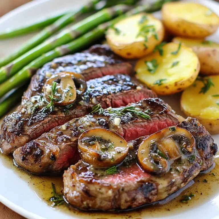 - 2 ribeye steaks (1.5 inches thick) - 2 tablespoons extra-virgin olive oil - 3 cloves garlic, finely minced - 2 sprigs fresh rosemary, finely chopped - 2 tablespoons unsalted butter - Sea salt and freshly cracked black pepper to taste - 1 tablespoon Worcestershire sauce - 1 cup cremini mushrooms, sliced - 1 cup asparagus spears, trimmed - 1 cup baby potatoes, halved - Fresh herbs (parsley or chives) for garnish For the best flavor, I recommend using high-quality extra-virgin olive oil. Brands like California Olive Ranch or Colavita offer great taste. Use unsalted butter for better control over salt levels. Look for good Worcestershire sauce like Lea & Perrins for a rich, savory kick. When choosing ribeye steaks, look for ones with bright red color and good marbling. The fat adds flavor and tenderness. For fresh produce, find firm, vibrant asparagus and smooth baby potatoes. Local farmers' markets are great for fresh options. To cook your steak perfectly, a heavy skillet is key. I prefer cast iron for its heat retention. Look for a 10 or 12-inch skillet. A good meat thermometer is also handy for checking doneness. A sharp knife will help slice the steak easily. Use a cutting board to rest your steak after cooking. These tools make a big difference in your cooking experience. {{ingredient_image_2}} - Bringing the steaks to room temperature: Take the ribeye steaks out of the fridge. Let them sit for about 30 minutes. This helps them cook evenly. Pat them dry with paper towels to help get a great sear. - Preparing vegetables for cooking: Trim the asparagus spears and slice the cremini mushrooms. Halve the baby potatoes for even cooking. Set them aside, ready for sautéing. - How to achieve the perfect steak sear: Heat a cast iron skillet over medium-high heat. Add a drizzle of extra-virgin olive oil. Place the steaks in the hot skillet without crowding. Sear each side for about 4-5 minutes. Aim for a nice brown crust. Use a meat thermometer to check for 130°F (54°C) for medium-rare. - Sautéing vegetables for maximum flavor: After the steaks are done, keep the heat on. Add the sliced mushrooms and asparagus to the skillet. Sauté for about 5-7 minutes until they soften. Drizzle with Worcestershire sauce for added flavor. Scrape up any brown bits from the pan for extra taste. - Arranging the dish for an elegant appearance: Slice the steaks against the grain into thick strips. Place them on one side of the plate. Arrange the sautéed vegetables and seasoned baby potatoes on the other side. This creates a nice visual balance. - Using sauces and garnishes effectively: Drizzle some of the buttery herb sauce from the skillet over the steak. Finish with freshly chopped herbs like parsley or chives. This adds color and freshness to your dish. - How to check for doneness without a thermometer: To check if your steak is done, use the touch test. Press the center of your steak. If it feels soft and squishy, it's rare. If it feels firm, it's well done. For medium, it should feel like the fleshy part of your palm when you touch your thumb to your middle finger. - Basting techniques for enhanced flavor: Basting your steak adds depth. In the last minute of cooking, add butter, garlic, and rosemary to the pan. Use a spoon to drizzle this mix over the steak. It gives a rich flavor that makes your steak shine. - Additional herbs and spices to consider: You can elevate your steak by adding herbs like thyme or tarragon. Fresh garlic adds a nice kick. Paprika or chili powder can also spice things up. - Combinations of sauces that complement steak: Pair your steak with sauces like chimichurri or a red wine reduction. These sauces add layers of flavor. You can also use a simple balsamic glaze for a sweet touch. - Overcooking steak: One big mistake is overcooking. Keep a close watch on your cooking time. Remember, the steak continues to cook while resting. - Neglecting resting time: Always let your steak rest for at least 10 minutes. This helps the juices spread evenly. If you cut too soon, those tasty juices will run out, and your steak will be dry. Pro Tips Let the Steak Rest: Allowing the steak to rest after cooking is essential for juicy results. This process helps redistribute the juices, ensuring every bite is flavorful. Use a Meat Thermometer: For perfect doneness, invest in a meat thermometer. This tool ensures your steaks are cooked to your desired temperature, avoiding guesswork. High Heat for Searing: Always preheat your skillet until it's very hot before adding the steaks. A high temperature will create a beautiful crust, sealing in the flavors. Enhance with Basting: Basting the steaks with melted butter and herbs during the last minute of cooking adds depth of flavor. Make sure to do this for an extra gourmet touch. {{image_4}} You can elevate your steak dinner by trying different cuts. Filet mignon offers a tender bite. New York strip has robust flavor. Each cut cooks differently. - Filet Mignon: Cook for about 5-6 minutes per side for medium-rare. - New York Strip: Sear for 4-5 minutes per side for a juicy finish. Pair your steak with unique vegetable sides. Roasted Brussels sprouts add crunch. Grilled zucchini brings summer vibes. You can also try different potato styles. - Sweet Potato Mash: Boil and mash sweet potatoes for a sweet twist. - Garlic Parmesan Potatoes: Toss boiled baby potatoes with garlic and cheese. You can change the steak's flavor with new seasonings. Try adding smoked paprika for warmth. Fresh thyme gives a nice herbal note. - Chimichurri Sauce: This bright sauce adds a fresh kick. - Peppercorn Sauce: A creamy sauce gives a rich taste. These variations let you create a five-star meal at home! To keep your cooked steak fresh, wrap it tightly. Use plastic wrap or aluminum foil. Place it in an airtight container to prevent air exposure. This helps maintain moisture and flavor. Store it in the fridge for up to three days. If you have leftover sides, store them in separate containers. This keeps each dish tasting great. Use glass or plastic containers with tight lids. Stackable containers save space in your fridge. Choose containers that fit your portions, so you avoid waste. Label each container with the date. This way, you know when to use them. When reheating steak, aim to keep it juicy. Preheat your oven to 250°F (120°C). Place the steak on a baking sheet and cover it loosely with foil. Heat for about 20-30 minutes. This slow method warms the steak without drying it out. For quick reheating, use a skillet. Heat the skillet over medium-low heat. Add a splash of broth or water. Place the steak in the skillet and cover it. Heat for about 5 minutes, flipping once. Leftover steak can be fun and tasty. Chop it up for tacos or salads. Use it in stir-fries for quick meals. You can also make a steak sandwich with fresh veggies. To freeze steak, wrap it tightly in plastic wrap. Then place it in a freezer bag. Remove as much air as possible. This prevents freezer burn and keeps flavors intact. You can freeze cooked steak for up to three months. For sides, allow them to cool before freezing. Use similar airtight containers or bags. Just like steak, remove excess air. Thaw frozen steak in the fridge overnight. This keeps the meat safe and helps maintain quality. If you need it faster, place it in a bowl of cold water. Change the water every 30 minutes until thawed. Avoid using the microwave, as it can cook parts of the steak unevenly. The best steak for a five-star dinner is ribeye. Ribeye steaks are rich, juicy, and flavorful. They have a nice amount of marbling, which adds taste and tenderness. Look for steaks that are at least 1.5 inches thick. This thickness helps achieve the perfect cook without drying out the meat. To know when your steak is perfectly cooked, use a meat thermometer. For medium-rare, aim for an internal temperature of 130°F (54°C). If you don’t have a thermometer, you can also check by touch. A medium-rare steak feels like the fleshy part of your hand below the thumb when your thumb and index finger touch. Remember, letting the steak rest is key. It helps the juices stay in the meat. You can prepare some parts of this dish in advance, but it’s best to cook the steak fresh. You can pre-sauté the mushrooms and asparagus. Store them in the fridge for up to a day. Reheat them when you are ready to serve. For the potatoes, you can boil them ahead of time too. Just keep them covered in the fridge until you need them. Red wines pair best with ribeye steak. A full-bodied Cabernet Sauvignon works great. It complements the rich flavors of the meat. Merlot or Malbec are other good choices. If you prefer white wine, a rich Chardonnay can work too. Choose a wine that you enjoy and that matches your meal. Yes, there are vegetarian alternatives for this recipe. You can use portobello mushrooms as a steak substitute. They have a meaty texture and taste great when grilled. For the sides, keep the asparagus and baby potatoes. You can also add roasted veggies or a fresh salad for more color and flavor. Preparing a five-star steak dinner is rewarding. You learned about key ingredients that elevate your dish. Ribeye steaks, fresh herbs, and tasty sauces come together for a perfect meal. You now have equipment tips and step-by-step cooking techniques to help you succeed. Remember to avoid common mistakes like overcooking. With these insights, you can impress anyone at your dinner table. Enjoy crafting your delicious steak dinner and showcase your skills. Happy cooking!