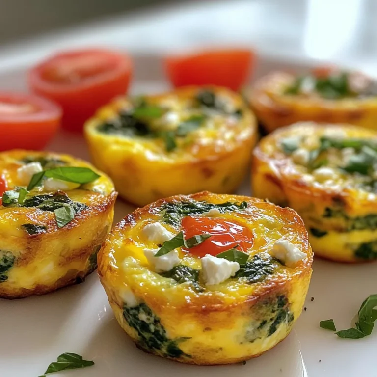 To make these tasty bites, gather these simple ingredients: - 6 large eggs - 1 cup fresh spinach, finely chopped - 1/2 cup feta cheese, crumbled - 1/4 cup milk - 1/4 teaspoon garlic powder - 1/4 teaspoon onion powder - Salt and pepper, to taste - Optional: 1/4 cup cherry tomatoes, halved Each egg bite is a nutritious choice. Here’s a quick look at the key facts: - Calories: About 90 per bite - Protein: Roughly 7 grams - Fat: Approximately 6 grams - Carbohydrates: Around 2 grams - Fiber: Less than 1 gram These bites are low in carbs and high in protein. They make for a good breakfast or snack. You can change some ingredients to suit your taste. Here are a few ideas: - Cheese: Swap feta for goat cheese or cheddar. - Greens: Use kale or Swiss chard in place of spinach. - Milk: Substitute almond milk or oat milk for a dairy-free option. - Add-ins: Try bell peppers, onions, or herbs for different flavors. Feel free to mix and match to create your ideal egg bite! {{ingredient_image_2}} Making egg bites is easy and fun. You need just a few steps. First, gather your ingredients. Then, prepare the muffin tin. Finally, mix and bake. This simple process helps you create tasty bites in no time. 1. Preheat your oven to 350°F (175°C). This step warms the oven, so your egg bites cook evenly. 2. Grease a standard muffin tin with cooking spray. You can also use silicone muffin cups. They make removal easy. 3. Crack 6 large eggs into a big mixing bowl. Whisk them well until they look frothy. 4. Add 1/4 cup milk, 1/4 teaspoon garlic powder, and 1/4 teaspoon onion powder to the eggs. Sprinkle in a pinch of salt and pepper. Whisk again until smooth. 5. Fold in 1 cup finely chopped spinach and 1/2 cup crumbled feta cheese. If you like, add 1/4 cup halved cherry tomatoes for extra color and taste. 6. Pour the mixture into each muffin cup. Fill them about three-quarters full. This allows room for rising. 7. Bake the muffin tin in the oven for 18-20 minutes. Check if they are firm in the center and golden brown on the edges. 8. After baking, let the bites cool for about 5 minutes. Run a knife around the edges to help remove them. Lift each bite out gently. For perfect texture, be sure to whisk the eggs well. This captures air and makes them fluffy. Overfilling the cups can lead to spills, so stick to three-quarters full. Lastly, don’t overbake. Check for firmness at the 18-minute mark. This will give you soft and tasty egg bites. To make your egg bites light and fluffy, follow these tips: - Whisk the eggs well: Beat the eggs until they are frothy. This adds air and makes them fluffy. - Add milk: The milk helps create a soft texture. Use whole or low-fat milk. - Avoid overmixing: When adding spinach and feta, mix gently. This keeps the air in the eggs. Here are some common mistakes that can ruin your egg bites: - Filling muffin cups too full: Leave space for the egg bites to rise. Fill them three-quarters full. - Not preheating the oven: Make sure your oven is hot before baking. This helps them cook evenly. - Skipping the cooling step: Let them cool for five minutes before removing. This helps them set properly. You can make your egg bites unique with these ideas: - Add different veggies: Try bell peppers, mushrooms, or zucchini for extra flavor. - Change the cheese: Swap feta for goat cheese or cheddar for a different taste. - Mix in herbs and spices: Add fresh herbs like basil or spices like chili powder for a kick. Experimenting with these tips will let you create your perfect egg bites! Pro Tips Fresh Spinach: Use fresh spinach instead of frozen for better texture and flavor. Make sure to chop it finely to ensure even distribution in the egg mixture. Cheese Alternatives: If you prefer a different flavor, try substituting feta with goat cheese or cheddar. Each type of cheese will give a unique taste to the egg bites. Cooling Time: Allow the egg bites to cool slightly in the pan before attempting to remove them. This prevents them from breaking apart and helps maintain their shape. Meal Prep Friendly: These egg bites are perfect for meal prep! Store them in an airtight container in the fridge for up to 5 days or freeze them for longer storage. {{image_4}} You can mix up your egg bites with fun flavors. Try adding bell peppers for a sweet crunch. Just chop them finely and fold them into the egg mix. For a savory twist, add crispy bacon bits. Cook the bacon first, then chop it up. You can even add cheese like cheddar or pepper jack for extra creaminess. These flavors make your egg bites exciting and new. Want to make vegetarian egg bites? Swap out the feta for a plant-based cheese. You can also add more veggies like mushrooms, zucchini, or broccoli. For a vegan version, replace eggs with silken tofu. Blend the tofu with a splash of plant milk and spices. This gives you a smooth mix. Pour it into your muffin tin just like regular egg bites. You’ll still get a tasty treat without eggs. Egg bites are great for any time of day. For breakfast, you might want a heartier option. Add more protein like turkey sausage or spinach. They will keep you full for longer. For a snack, keep it light. Use just a few veggies and some herbs. This way, you’ll have a quick bite to enjoy between meals. You can also add spices like paprika or cumin for a fun kick. To keep your leftover egg bites fresh, place them in an airtight container. Make sure to let them cool down first. You can store them in the fridge for up to four days. If you want them to last longer, freezing is a great option. When you are ready to enjoy your egg bites again, reheating is easy. You can use a microwave or an oven. For the microwave, heat them for 30 to 45 seconds. Check if they are warm enough. If not, add more time in small increments. For the oven, preheat it to 350°F (175°C) and bake them for about 10 minutes. This keeps them fluffy and tasty. Freezing egg bites is simple. After they cool, place them in a freezer-safe bag or container. Make sure to remove as much air as possible. Label the bag with the date for easy reference. They can stay frozen for up to three months. When you want to eat them, take out the bites and thaw them overnight in the fridge. You can reheat them directly from the freezer, but add a few more minutes to the cooking time. Enjoy your perfectly stored egg bites! Egg bites are small, fluffy egg dishes baked in muffin tins. They usually have mix-ins like cheese, vegetables, or meats. You can customize them to fit your taste. They make a great breakfast or snack option. You can eat them warm or cold. They are easy to prepare and fun to make. Yes, you can make egg bites ahead of time. They store well in the fridge for up to five days. Just cool them and place them in an airtight container. You can also freeze them for later use. To reheat, just pop them in the microwave or oven. This makes them a perfect meal prep option. Egg bites can be very healthy! They are packed with protein from the eggs and can include veggies for added nutrients. Using feta cheese adds flavor without too many calories. You can control the ingredients, so they can fit many diets. Just watch the cheese and salt for a healthier version. Overall, they are a tasty choice for anyone. Savory spinach and feta egg bites are easy and fun to make. We covered ingredients, step-by-step instructions, and helpful tips. You learned how to achieve the right texture and avoid common mistakes. I shared ways to customize flavors and how to store leftovers. Egg bites are a healthy option for breakfast or snacks. With these tips, you can enjoy delicious egg bites anytime. Happy cooking!