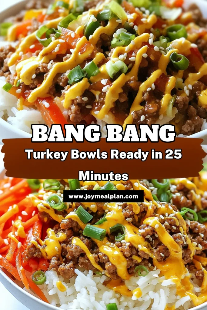 Whip up delicious Bang Bang Turkey Bowls with this easy ground turkey recipe! In just 25 minutes, you can enjoy a spicy turkey rice bowl that's perfect for a healthy dinner. Featuring ground turkey, crisp veggies, and a creamy sriracha sauce, this recipe is a must-try. Perfect for a busy weeknight! Save this tasty Spicy Turkey Rice Bowl idea now! #BangBangTurkeyBowls #GroundTurkeyRecipe #EasyHealthyDinner #SrirachaTurkeyBowl
