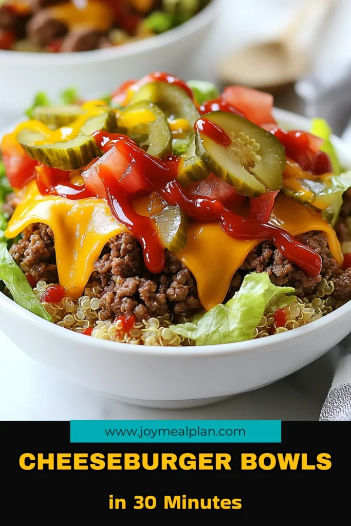 Looking for a delicious and nutritious dinner? Try these protein cheeseburger bowls! This healthy cheeseburger recipe is perfect for meal prep and packed with flavor. Made with lean beef or turkey, quinoa, and fresh veggies, it's a gluten-free dinner that satisfies. Easy to make and customize, these quinoa bowls recipe is a must-try. Save this recipe for your next family dinner or meal prep! #ProteinCheeseburgerBowls #HealthyRecipe #MealPrepIdeas #GlutenFreeDinner