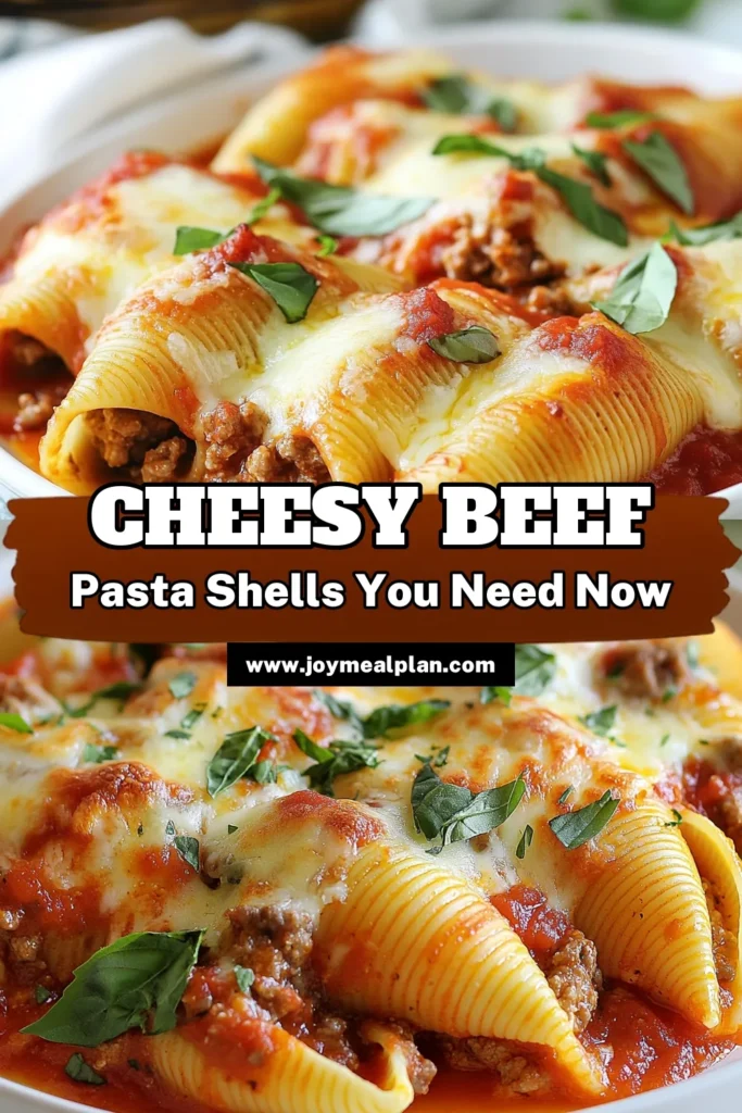 Indulge in these Cheesy Beef-Stuffed Shells for an easy cheesy pasta dinner that your family will love! This Jumbo Pasta Shell Recipe is a savory ground beef pasta bake filled with ricotta and mozzarella, perfect for any occasion. With its rich marinara sauce and delightful flavors, Italian Stuffed Pasta Shells make weeknight meals a breeze. Try this irresistible recipe today and get ready to impress! #PastaRecipes #DinnerIdeas #ComfortFood #ItalianDinner