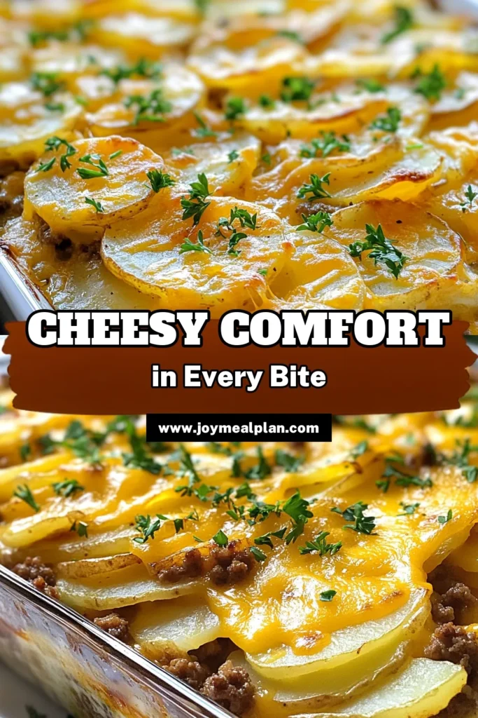 Looking for a comforting dinner idea? Try this Cheesy Ground Beef Potato Casserole! This easy beef and potato bake features layers of tender potatoes, savory ground beef, and a creamy sauce topped with gooey cheese. Perfect for busy nights, this potato casserole recipe is sure to please the whole family. Follow the simple steps for a delicious creamy beef casserole that’s ready in 1 hour. Save this recipe for your next meal! #CasseroleRecipes #BeefAndPotatoes #ComfortFood #DinnerIdeas