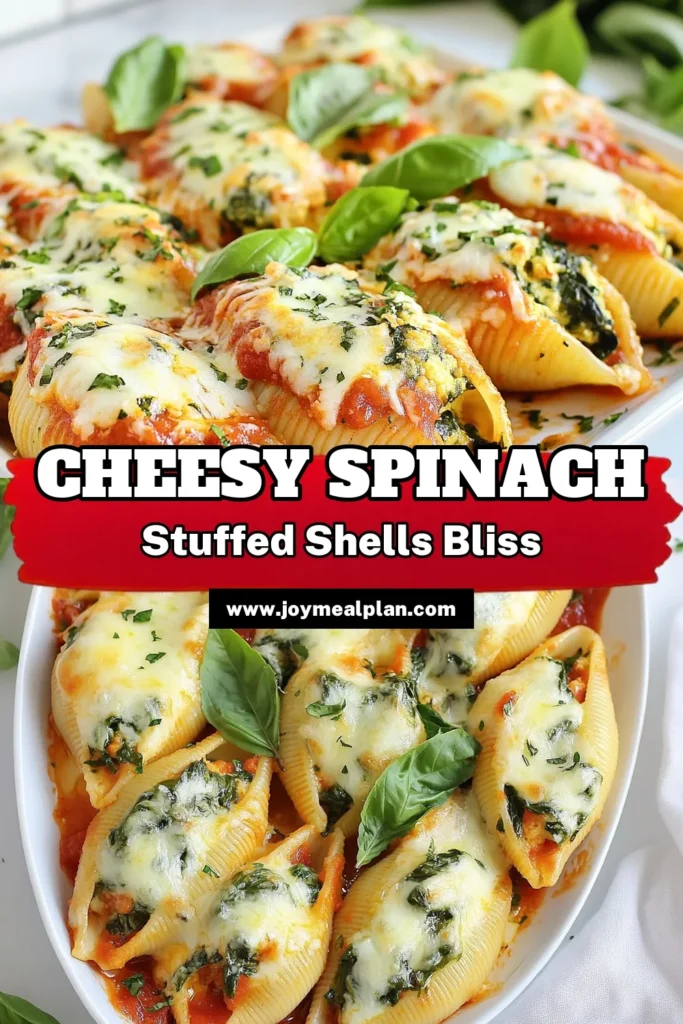 Indulge in these cheesy spinach stuffed shells filled with a rich blend of ricotta and fresh spinach! This jumbo pasta shells recipe is perfect for a comforting dinner or a vegetarian pasta bake recipe that everyone will love. Baked stuffed shells with marinara sauce create the ultimate flavor explosion. Try these delicious spinach ricotta stuffed pasta today! Save this recipe for your next meal! #SpinachStuffedShells #PastaBake #VegetarianRecipe #ComfortFood