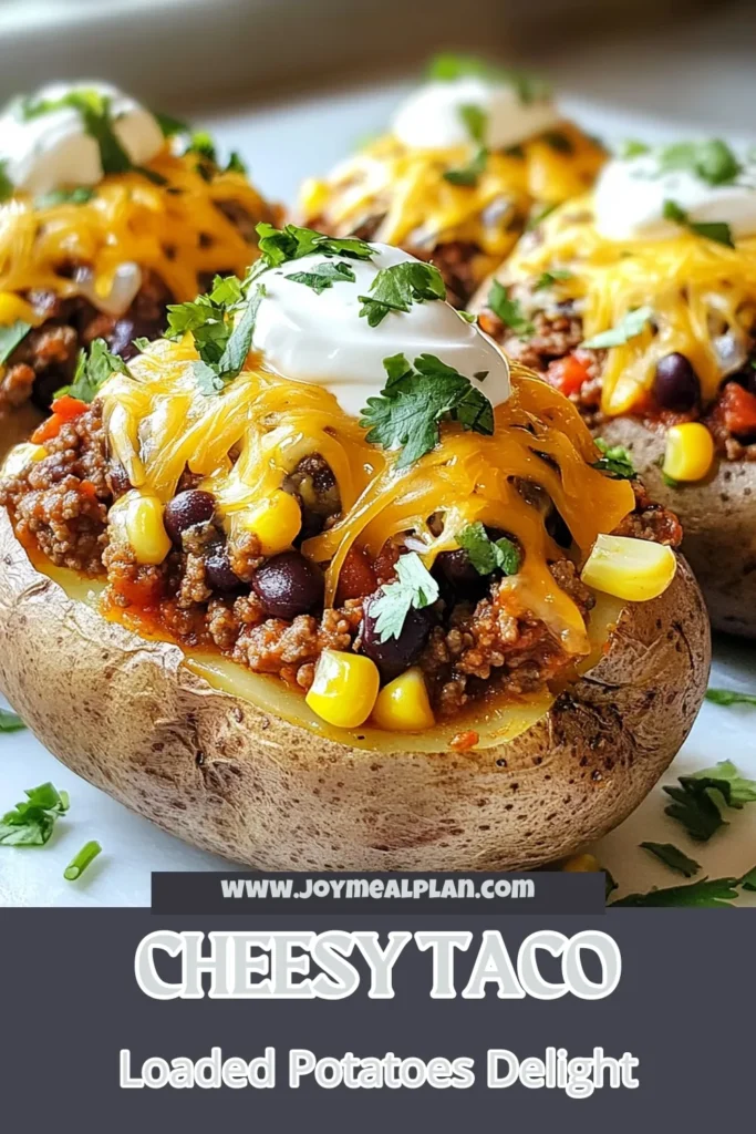 Discover the ultimate comfort food with these Cheesy Taco Potatoes! This stuffed potato recipe pairs tender baked russet potatoes with flavorful ground beef, taco seasoning potatoes, black beans, and melted cheddar cheese. Perfect for an easy potato dinner recipe that the whole family will love. Try it tonight and elevate your meal game! Save this delicious recipe for your next taco night! #CheesyTacoPotatoes #StuffedPotatoRecipe #EasyDinner #TacoNight