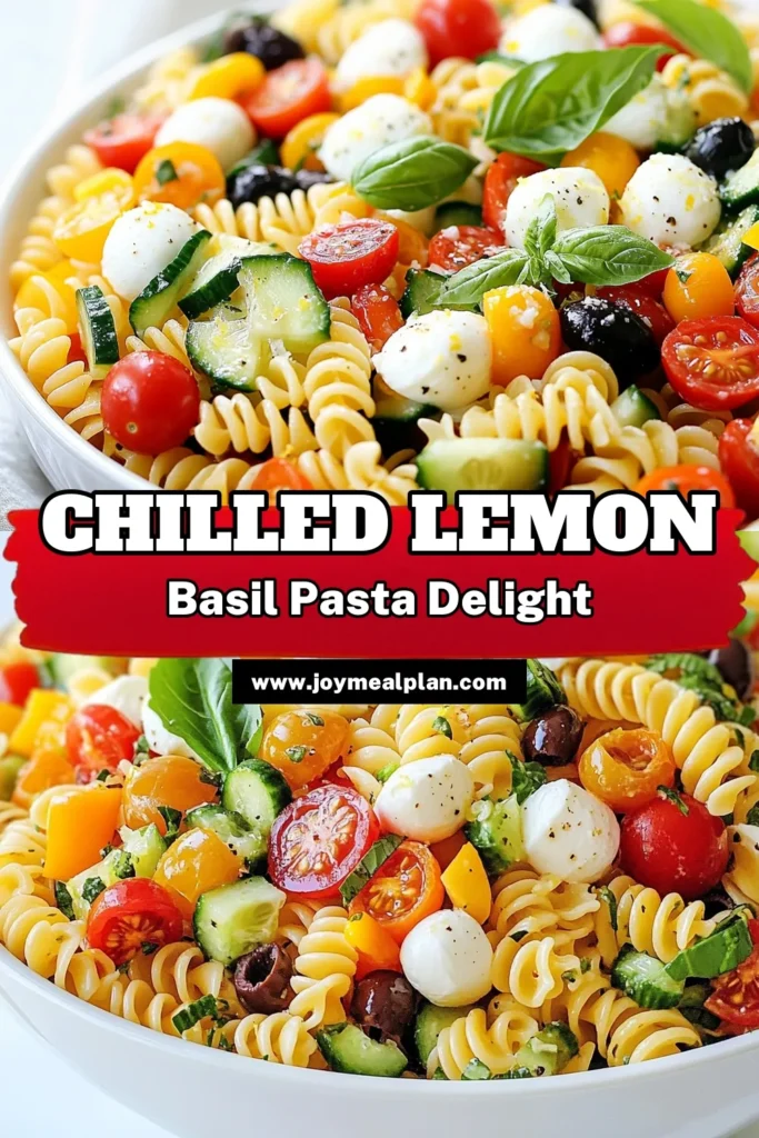 Cool off with this delicious chilled lemon basil pasta salad! This easy pasta salad recipe combines fusilli pasta, fresh veggies, and a zesty lemon vinaigrette for a refreshing summer dish. Perfect as a light meal or side, this vegetarian pasta salad recipe is sure to impress. Try this fresh summer pasta salad today! Don’t forget to save this recipe for your warm-weather gatherings! #PastaSalad #SummerRecipes #Vegetarian #EasyRecipes