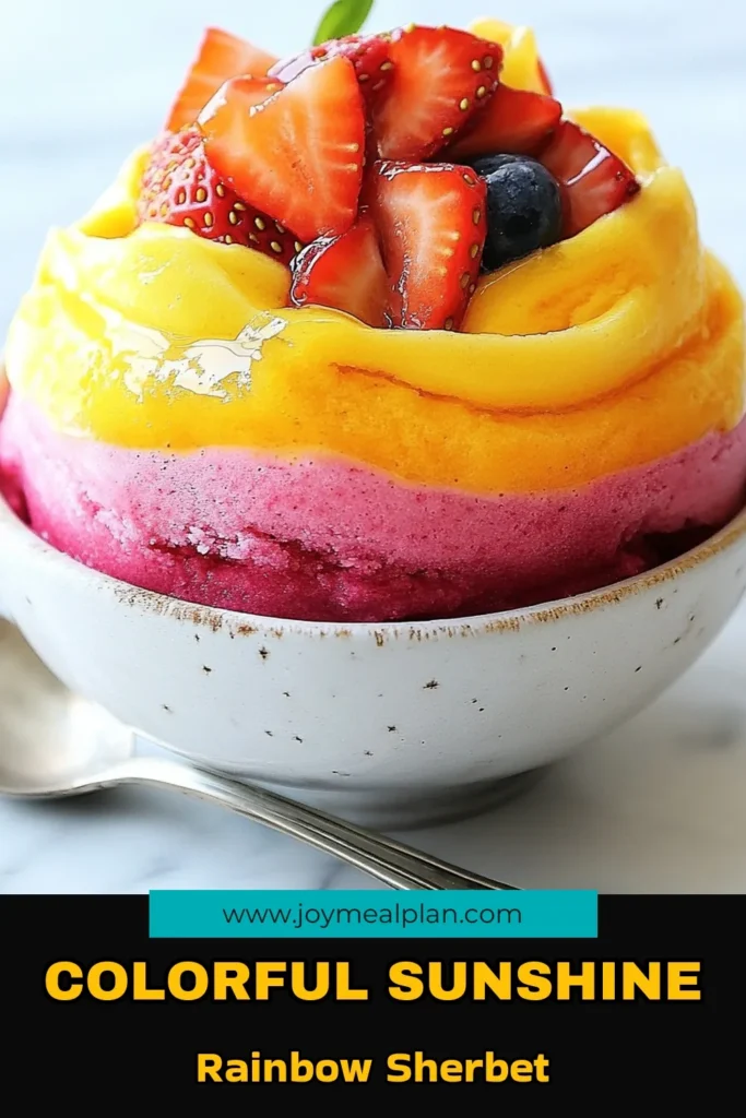 Dive into this delightful homemade rainbow sherbet recipe that layers the vibrant flavors of orange, strawberry, and blueberry for a tropical fruit sorbet treat. Made with creamy coconut milk, this orange strawberry blueberry dessert is a refreshing way to cool off! Perfect for summer gatherings. Try this tropical twist today, and be sure to save the recipe! #RainbowSherbetRecipe #HomemadeSherbet #CoconutMilkSherbet #TropicalFruitSorbet