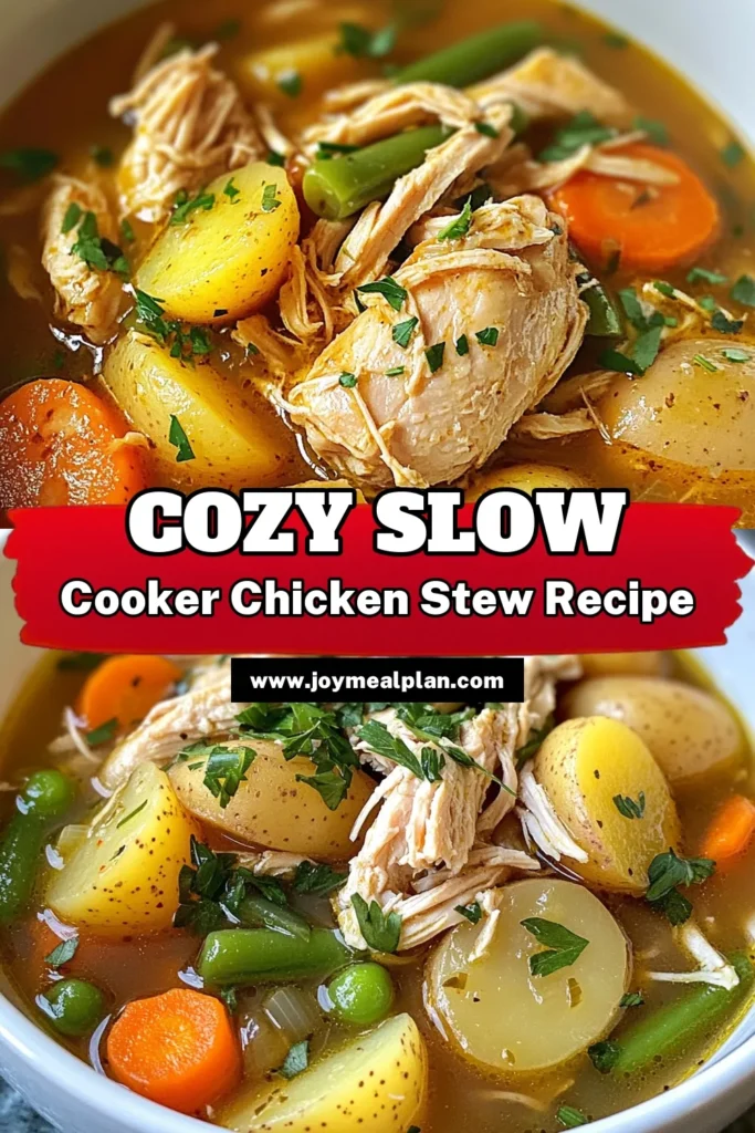 Warm up with this delicious slow cooker chicken stew, a hearty chicken stew recipe that's perfect for comfort food lovers. Made with tender chicken thighs, fresh veggies, and flavorful herbs, this easy slow cooker meal is perfect for busy weeknights. Just set it and forget it for a dish that's sure to satisfy. Save this recipe for your next family dinner! #Slow Cooker Chicken Stew #ComfortFoodRecipes #EasySlowCookerMeals #HeartyChickenStewRecipe