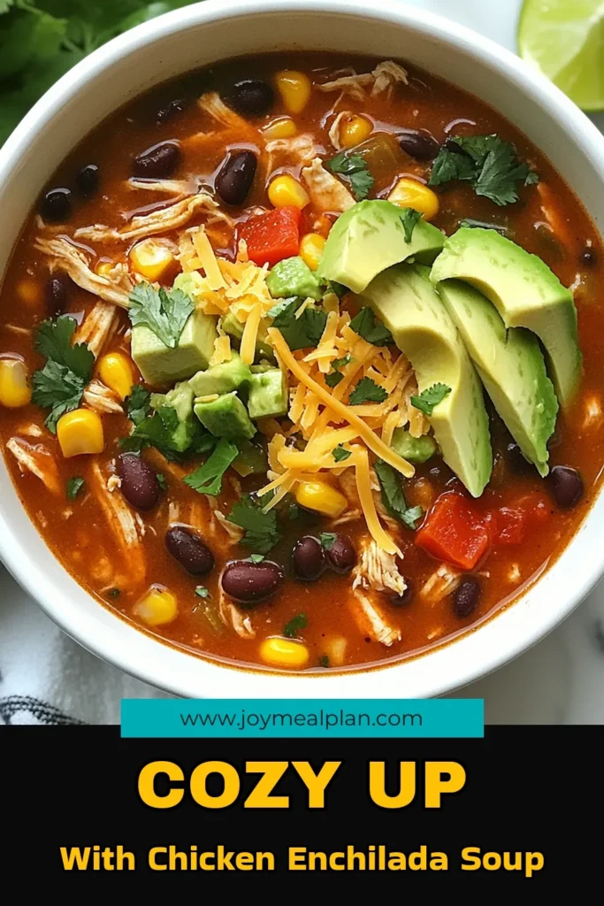 Warm up with this delicious chicken enchilada soup, the ultimate hearty chicken soup recipe that combines tender chicken, black beans, and flavorful spices. This easy chicken soup can be made in just one pot and is perfect for weeknight dinners! Discover why it's the best enchilada soup you've ever tasted! Save this recipe for a cozy night in! #ChickenEnchiladaSoup #HeartyChickenSoup #EasyChickenSoup #BestEnchiladaSoup