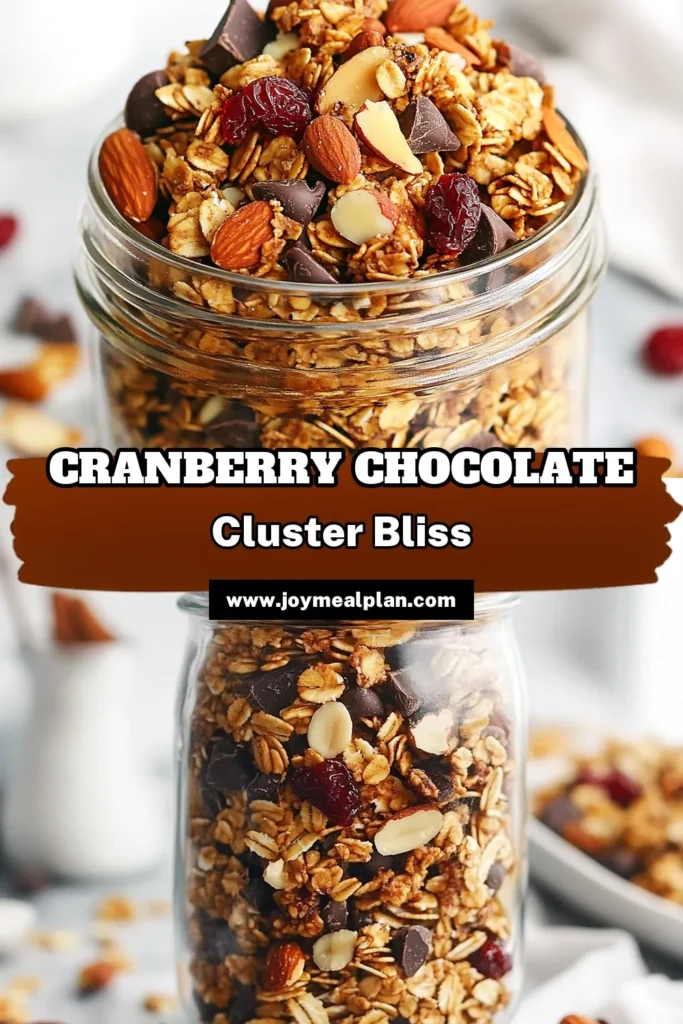 Indulge in the perfect blend of flavors with these delicious Cranberry Chocolate Granola Clusters. This homemade granola recipe combines rolled oats, chopped nuts, and dark chocolate to create easy granola snacks that are both healthy and satisfying. Enjoy the delightful taste of granola with dark chocolate and the sweetness of cranberries in every bite. Try this healthy granola recipe today! #GranolaClusters #HealthySnacks #HomemadeGranola #CranberryChocolateGranola