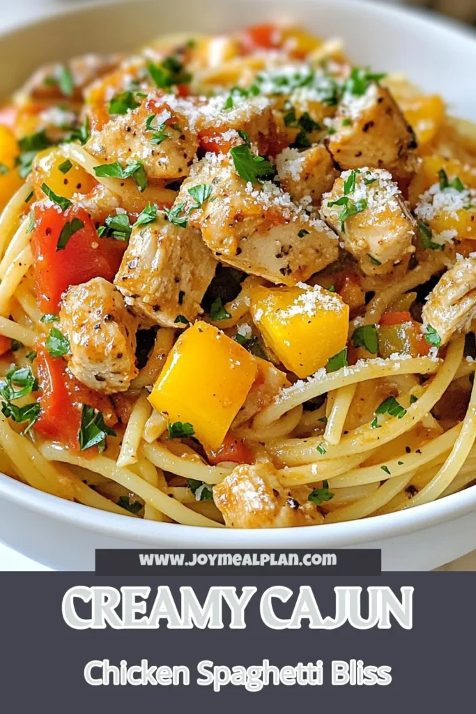 Indulge in this delicious creamy Cajun chicken spaghetti! This easy spaghetti dinner features tender chicken, vibrant veggies, and a rich sauce infused with Cajun seasoning. Perfect as comfort food pasta, it's a crowd-pleaser that can be whipped up in just 30 minutes. Try this creamy chicken pasta recipe for a weeknight win! Save this recipe and make your next dinner special. #CajunChickenSpaghetti #ComfortFood #EasyDinner #PastaLovers