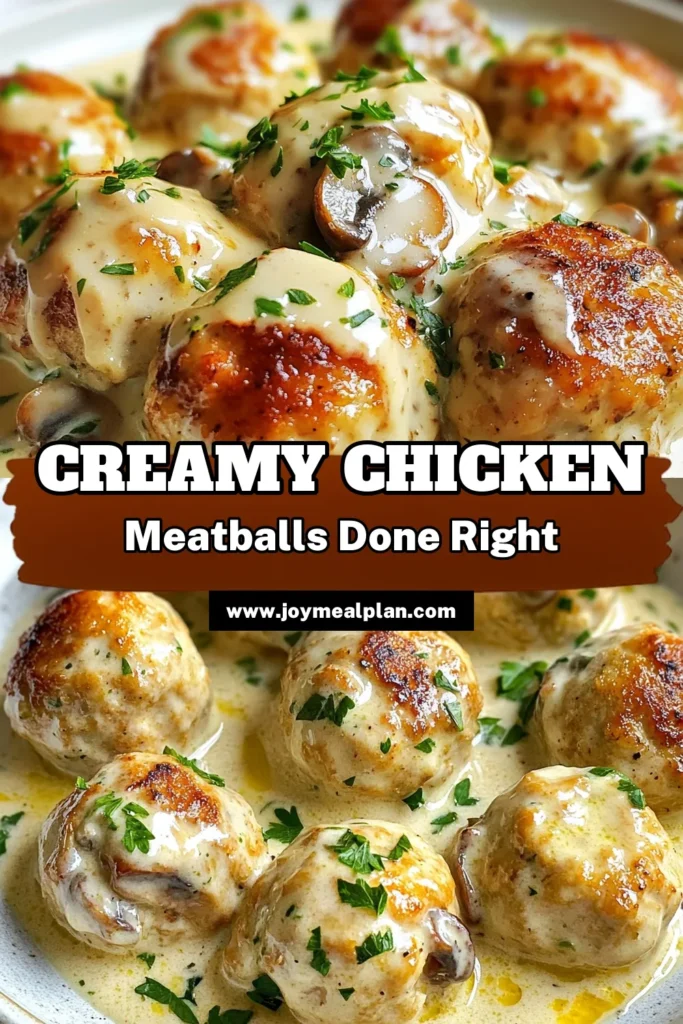 Discover how to make delicious creamy mushroom chicken meatballs with this easy ground chicken meatballs recipe. These savory chicken meatballs with mushrooms are baked for a healthy twist and smothered in a rich cream sauce. Perfect for weeknight dinners, this dish is quick to prepare and sure to impress! Save this recipe now to enjoy a comforting meal any time. #CreamyMushroomChickenMeatballs #EasyMeatballRecipes #HealthyEating #HomemadeDinner