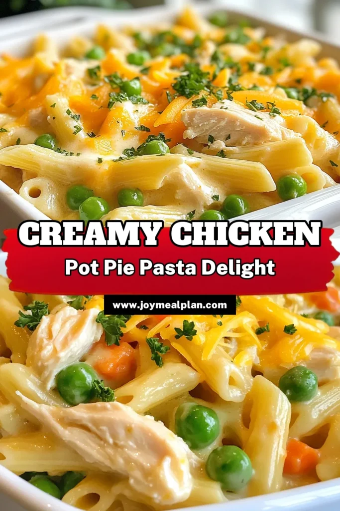 Discover the comforting flavors of Chicken Pot Pie Pasta, a delicious twist on traditional creamy pasta recipes. This easy chicken pasta dish combines shredded chicken, mixed veggies, and a rich cream sauce, making it a perfect one-pot chicken pasta for busy weeknight dinners. Ready in just 30 minutes, it’s a must-try for your dinner recipes with chicken collection. Save this recipe for a cozy meal! #ChickenPotPiePasta #CreamyPastaRecipes #EasyChickenPasta #OnePotChickenPasta