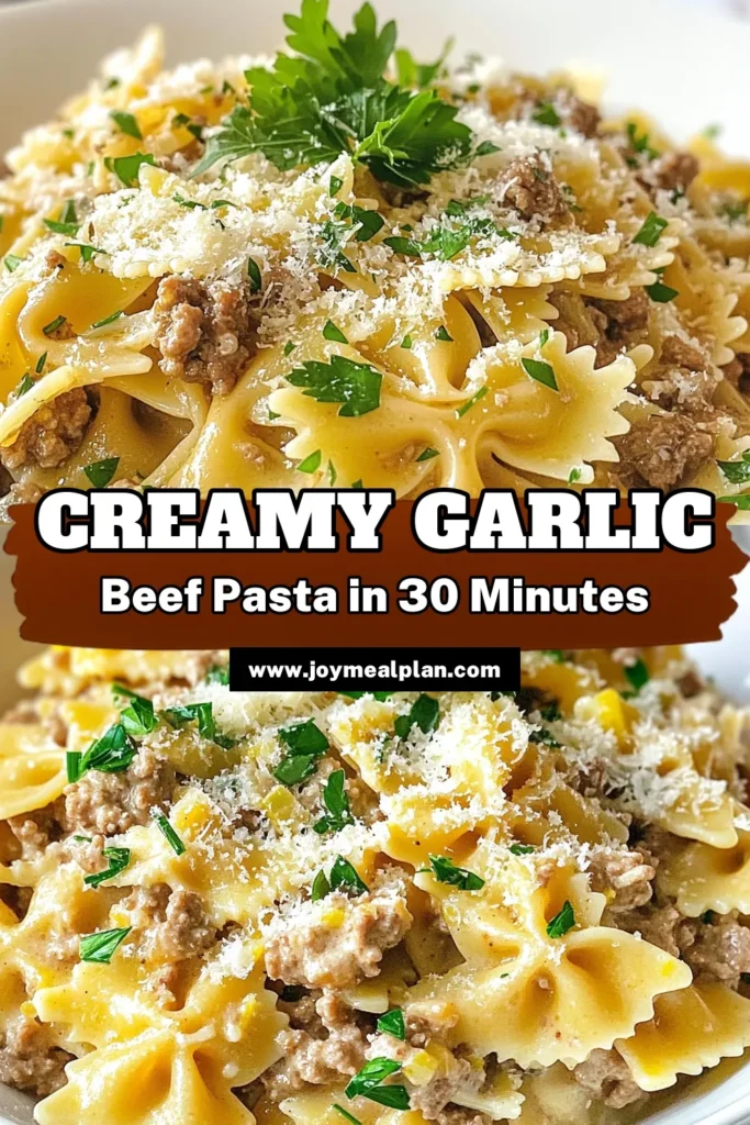 Indulge in this creamy garlic beef pasta, a delightful twist on traditional bowtie pasta recipes. This easy creamy pasta dish features tender ground beef spaghetti enveloped in a luscious sauce, all cooked in one pan for convenience. Perfect for busy nights, this crowd-pleaser comes together quickly. Elevate your weeknight dinners with this comforting recipe! Save it now and treat your family! #CreamyGarlicBeefPasta #BowtiePastaRecipes #EasyCreamyPasta #OnePanBeefPasta