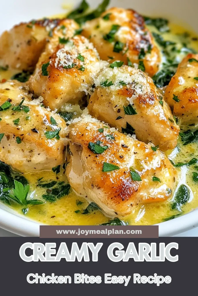 Indulge in these creamy garlic chicken bites, perfect for any occasion! This easy chicken recipe features tender chicken breast in cream sauce, sautéed with aromatic garlic. These delicious chicken bites make a fantastic appetizer that will impress your guests. Ready in just 20 minutes, they’re sure to be a hit! Save this recipe for your next gathering and experience the joy of cooking! #CreamyGarlicChicken #EasyChickenRecipes #ChickenBitesAppetizer #GarlicChickenDish
