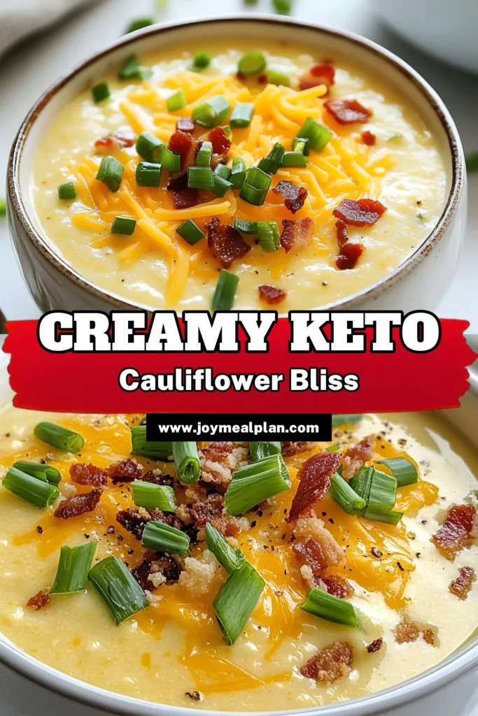 Indulge in this Keto Loaded Cauliflower Soup, the perfect low carb cauliflower recipe for any meal. This creamy cauliflower soup is incredibly easy to make and packed with flavor, making it a must-try ketogenic soup recipe. With a blend of cauliflower, cheeses, and optional crispy turkey bacon, it's both satisfying and delicious. Save this recipe and enjoy a warm bowl of comfort today! #KetoCauliflowerSoup #LowCarbRecipes #CreamySoup #KetogenicCooking
