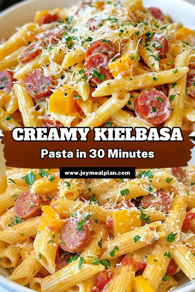 Discover the ultimate creamy kielbasa pasta recipe that combines delicious flavors and easy preparation! This one-pot creamy pasta dish features tender pasta, smoky kielbasa, fresh bell peppers, and a rich, creamy sauce. Perfect for busy weeknights, this easy kielbasa recipe will become a family favorite. Try it tonight for a delightful dinner experience! Don’t forget to save for later! #CremaKielbasaPasta #KielbasaPastaRecipe #EasyKielbasaRecipes #OnePotCreamyPasta