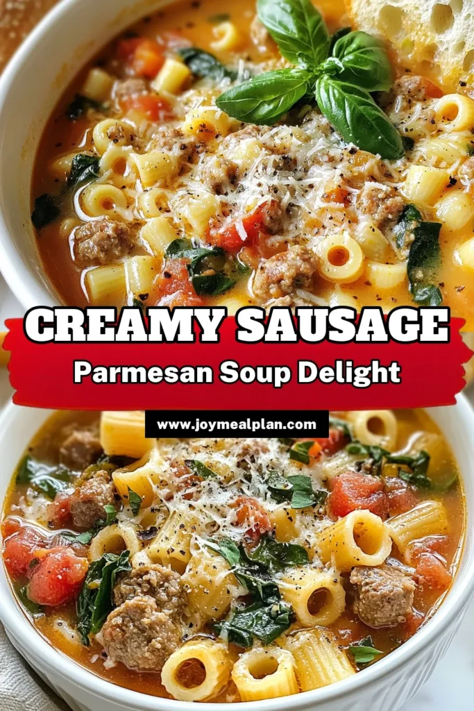 Warm up with this delicious Parmesan ditalini soup featuring savory Italian sausage! This hearty sausage soup recipe is perfect for cozy nights, combining tender ditalini pasta with flavorful ingredients. Experience the joy of making this easy ditalini soup recipe in just 30 minutes. Enjoy a bowl garnished with more Parmesan and fresh basil. Save this recipe for a comforting meal anytime! #ParmesanDitaliniSoup #SausageSoupRecipe #HeartySoupWithPasta #ItalianSausageSoup