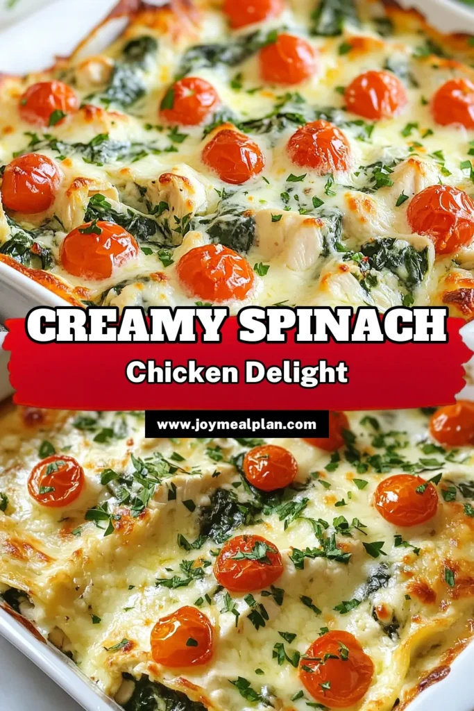 Indulge in this Creamy Spinach Chicken Casserole for a delicious weeknight dinner! This Chicken Spinach Casserole Recipe combines tender shredded chicken, fresh spinach, and a rich blend of cheeses for an Easy Chicken Casserole with Spinach that everyone will love. Perfect for busy evenings, this Cheesy Spinach Chicken Bake is a family favorite! Try our Ricotta Chicken Casserole today and savor the flavors. Save this recipe for your next meal! #ChickenCasserole #SpinachRecipe #EasyDinner #ComfortFood