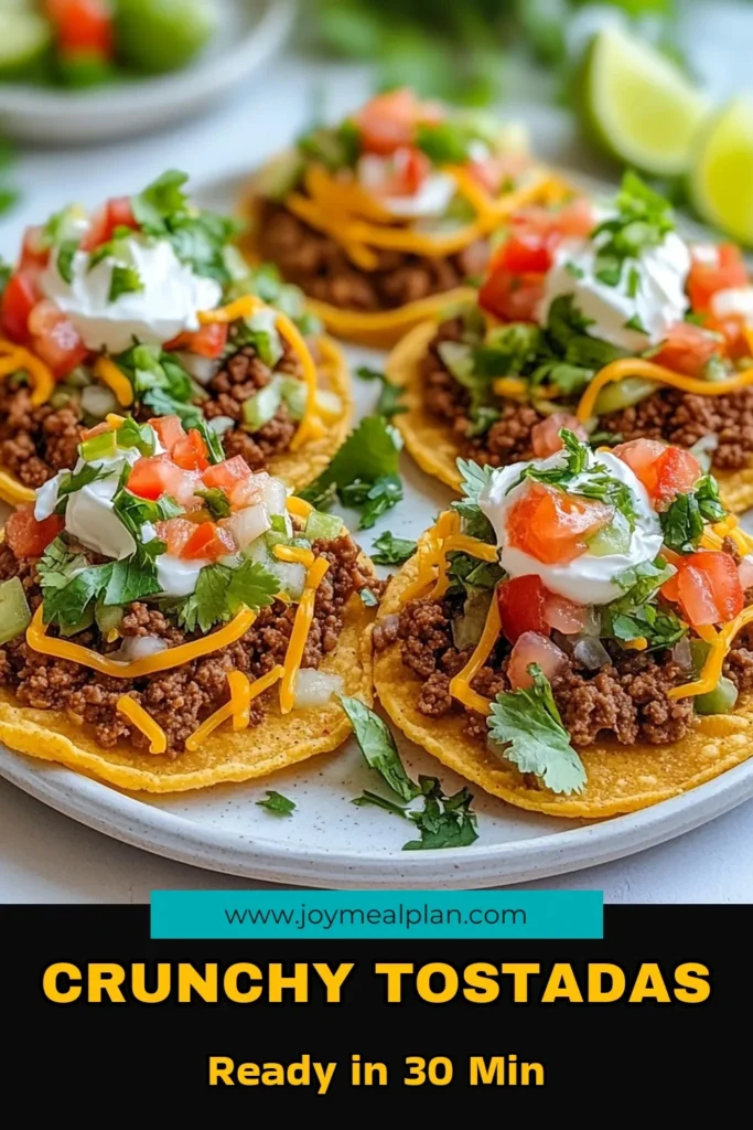 Craving a delicious, quick meal? Try these crunchy beef tostadas! This easy ground beef tostada recipe features layers of creamy refried beans, seasoned ground beef, and fresh toppings like shredded lettuce, tomatoes, and cheese. Perfect for any night, these homemade tostadas are a hit with easy tostada toppings that everyone will love. Get the full recipe and make your family smile! Save this for later! #BeefTostadas #TostadaRecipe #QuickBeefRecipes #HomemadeTostadas