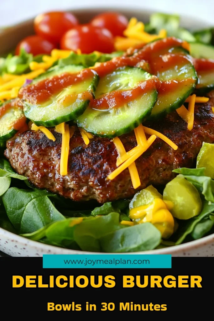 Discover an easy burger bowl recipe that combines flavors and health in one delicious dish! This healthy burger bowl features ground beef or turkey on a vibrant bed of mixed greens with cherry tomatoes, cucumbers, pickles, and creamy avocado. Perfect for meal prep, this low carb burger bowl will satisfy your cravings while keeping it nutritious. Try this ground beef salad bowl tonight and elevate your dinner! Save this recipe now! #BurgerBowls #HealthyEating #LowCarb #MealPrep