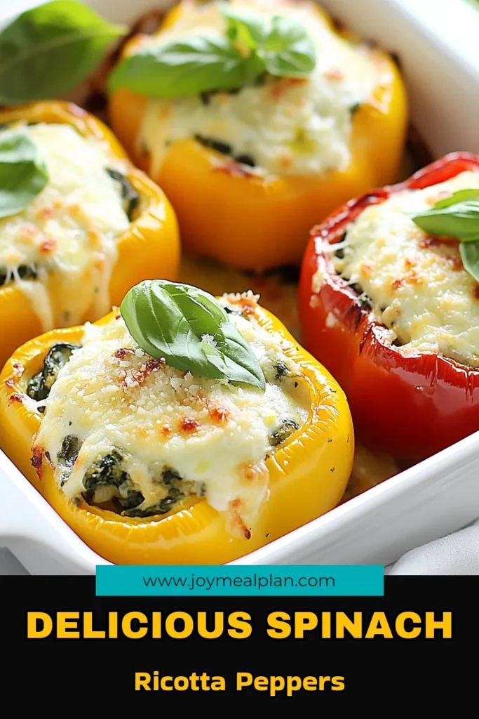 Discover the deliciousness of spinach ricotta stuffed peppers! This healthy stuffed peppers recipe combines fresh spinach, creamy ricotta, and gooey mozzarella for an easy stuffed pepper dinner that everyone will love. Perfect for veggie lovers, these baked stuffed peppers with cheese are a delightful addition to your vegetarian bell pepper recipes. Save this recipe for your next meal! #HealthyEating #StuffedPeppers #VegetarianRecipes #EasyDinnerIdeas