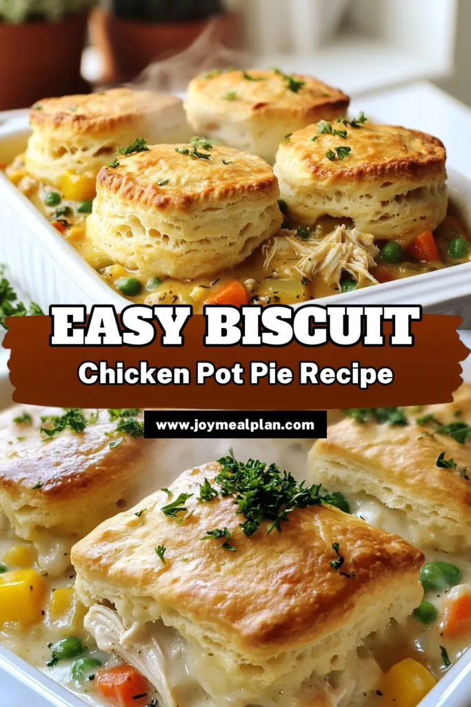 Discover the ultimate comfort food with this easy chicken pot pie recipe featuring tender chicken and mixed vegetables in a rich, creamy sauce topped with fluffy biscuits. This homemade chicken pot pie is a delightful twist on a classic dish, perfect for family dinners. With simple steps, you’ll have a hearty biscuit chicken pot pie ready in no time. Try it tonight and enjoy the cozy flavors! Save this recipe for later! #ChickenPotPie #ComfortFood #EasyRecipes #BiscuitRecipe