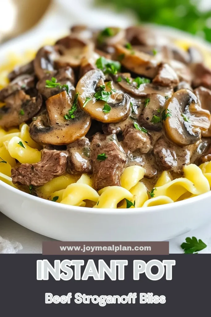 Craft a comforting meal with this Instant Pot Beef Stroganoff recipe! Perfect for busy weeknights, this hearty beef stroganoff recipe features tender beef, savory mushrooms, and creamy sauce served over egg noodles. Enjoy this easy beef stroganoff at your dining table in just 30 minutes using your pressure cooker. Save this delicious Beef Stroganoff with Egg Noodles for your next family dinner! #InstantPotBeefStroganoff #EasyBeefStroganoff #BeefStroganoff #PressureCookerStroganoff