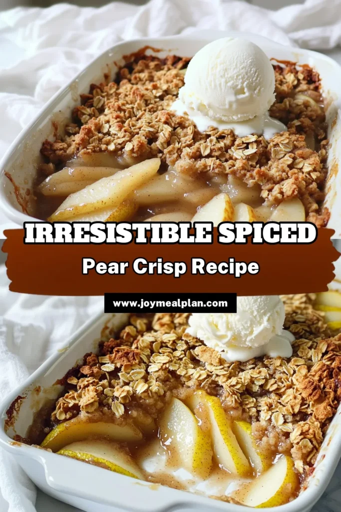 Indulge in the sweetness of fall with this Spiced Pear Crisp Delight! Made with ripe pears, warm spices, and a crunchy oat topping, this dessert is perfect for cozy gatherings. Serve it warm with a scoop of vanilla ice cream for an irresistible treat. Follow our simple recipe to create a dessert that's sure to impress! Click to explore the full recipe and make this delicious dessert today! #SpicedPearCrisp #FallDesserts #EasyRecipes #DessertLovers