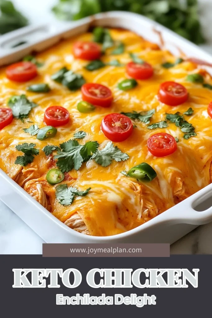 Looking for a delicious, easy keto dinner recipe? Try this Keto Chicken Enchilada Casserole! Packed with creamy chicken enchiladas flavors, this low carb chicken casserole is both gluten-free and satisfying. Layered with shredded cheese, tender chicken, and zesty spices, it's perfect for a weeknight meal. Save this healthy dish for your next dinner! #KetoRecipes #LowCarb #GlutenFree #DinnerIdeas