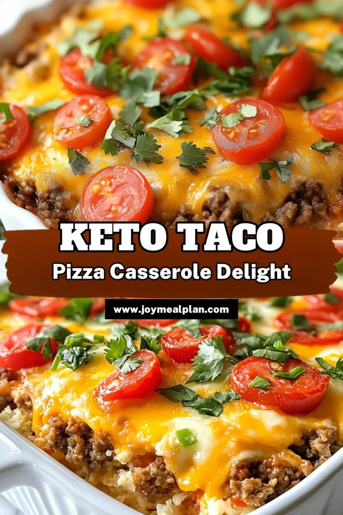 Discover the deliciously satisfying Keto Taco Pizza Casserole! This low-carb taco casserole is a perfect mix of flavors, featuring a sugar-free taco seasoning recipe that enhances the taste. With cauliflower rice pizza casserole as its base, this healthy pizza casserole recipe is not only nutritious but also easy to make. Try it for a family dinner or meal prep! Save this recipe for your next cooking adventure! #KetoTacoPizzaCasserole #LowCarb #HealthyRecipes #KetoDinnerIdeas