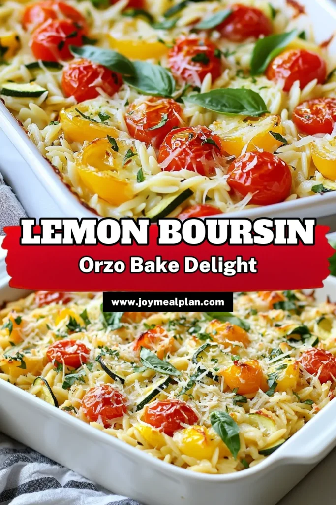 Discover the ultimate comfort food with this Zesty Lemon Orzo Bake featuring creamy Boursin cheese! This easy baked orzo recipe combines vibrant vegetables like zucchini and cherry tomatoes, giving you a deliciously creamy orzo dish that’s perfect for any meal. Serve it as a side or main course. Don’t miss out on this flavorful Boursin cheese pasta bake! Click to check out the full recipe and save for later! #OrzoRecipes #BakedPasta #VegetarianMeals #ComfortFood