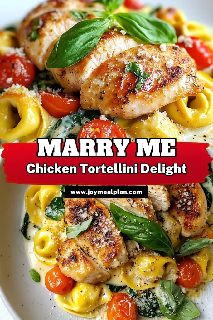 Indulge in the delicious Marry Me Chicken Tortellini, a creamy chicken tortellini recipe that's sure to impress! This easy chicken pasta dish combines cheese tortellini with tender chicken and a rich sauce made from cherry tomatoes, spinach, and Parmesan. Perfect for a romantic dinner or family meal, this Italian chicken tortellini recipe is a winner! Try it tonight and fall in love! Save this recipe for a delightful weeknight meal. #MarryMeChicken #Tortellini #EasyDinner #PastaLovers