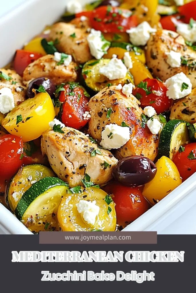 Discover the incredible Mediterranean chicken bake packed with flavor and nutrition. This zucchini chicken recipe features tender chicken, fresh vegetables, and creamy feta cheese, making it one of the best healthy Mediterranean recipes you'll find. Baked chicken with vegetables comes together effortlessly for a delicious meal any night of the week. Try this easy feta cheese chicken bake today and enjoy! Save for later! #MediterraneanChickenBake #ZucchiniChickenRecipe #HealthyRecipes #FetaCheeseChickenBake