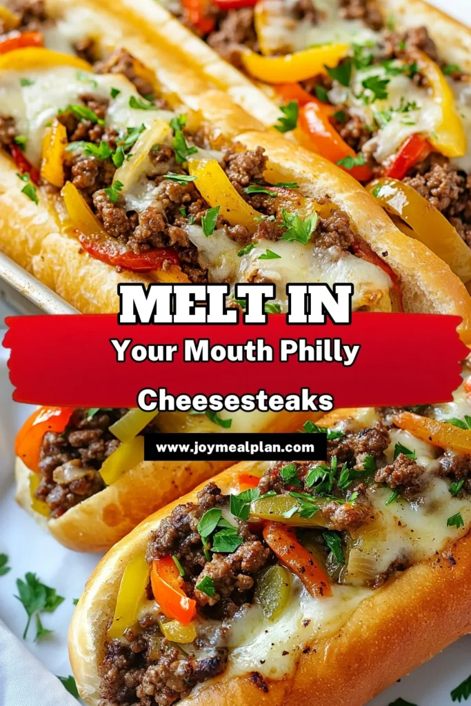 Indulge in these sizzling ground beef Philly cheesesteaks! This easy cheesesteak sandwich recipe combines savory ground beef with colorful peppers and melty provolone cheese for an irresistible flavor. Perfect for a quick dinner, these ground beef hoagies will impress your family and friends. Try this Philly cheesesteak recipe today! Save this post for a delicious meal! #PhillyCheesesteak #CheesesteakRecipe #GroundBeefRecipes #EasyDinnerIdeas