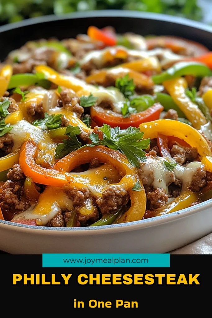 Savor the flavors of an Easy Philly Cheesesteak Skillet with our Ground Beef Philly Cheesesteak recipe! This Quick Dinner Recipe features juicy ground beef, colorful bell peppers, and melted provolone cheese, all cooked in one skillet for easy cleanup. Perfect for busy weeknights, this Provolone Cheese Skillet Dish is sure to be a family favorite. Try it tonight! #PhillyCheesesteak #SkilletRecipe #EasyDinner #QuickMeals