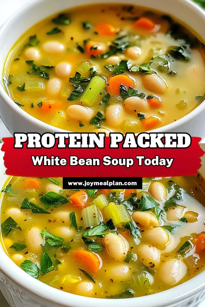 Looking for a hearty, high protein soup? This easy white bean soup recipe is packed with nutrition and flavor, making it the perfect healthy bean soup for any day. With simple ingredients like cooked white beans, fresh spinach, and aromatic veggies, this vegetarian protein soup is sure to please everyone. Ready to warm up your meals? Try this delightful recipe today! #HighProteinSoup #WhiteBeanSoupRecipe #HealthyBeanSoup #EasySoupRecipes