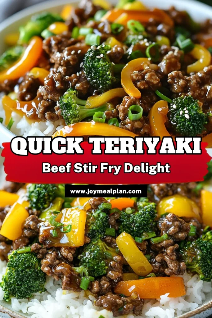 Looking for a quick and delicious dinner option? Try this Teriyaki Ground Beef Stir-Fry! Packed with vibrant vegetables and seasoned with savory sesame oil, it's one of the best quick stir-fry recipes you'll find. Perfect for busy weeknights, this easy beef dinner idea is healthy and full of flavor. Serve it over rice or noodles for a satisfying meal. Save this recipe for your next dinner inspiration! #TeriyakiGroundBeef #EasyDinnerIdeas #HealthyRecipes #StirFry