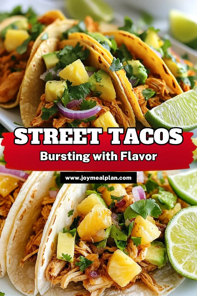 Discover the ultimate easy taco recipe with these delicious chicken street tacos! Learn how to make street tacos that burst with flavor using savory chicken, fresh pineapple, and creamy avocado. Perfect for a quick weeknight dinner, these homemade chicken tacos are sure to impress. Try this simple recipe and elevate your taco night! Save for later and enjoy! #ChickenStreetTacos #EasyTacoRecipe #SavoryChickenTacos #HomemadeTacos