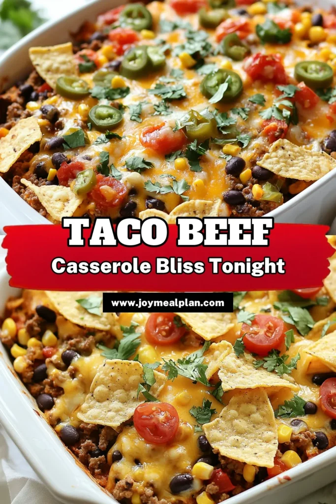 Discover the ultimate Zesty Taco Casserole with this Loaded Beef Casserole Recipe. This Easy Taco Casserole combines ground beef, cheese, and spices for a delicious Mexican Beef Bake that everyone will love. Topped with crunchy tortilla chips, it's perfect for family dinners or gatherings. Try this Cheesy Taco Bake today and impress your guests! Save this recipe now! #TacoCasserole #LoadedBeefCasserole #EasyRecipes #MexicanFood