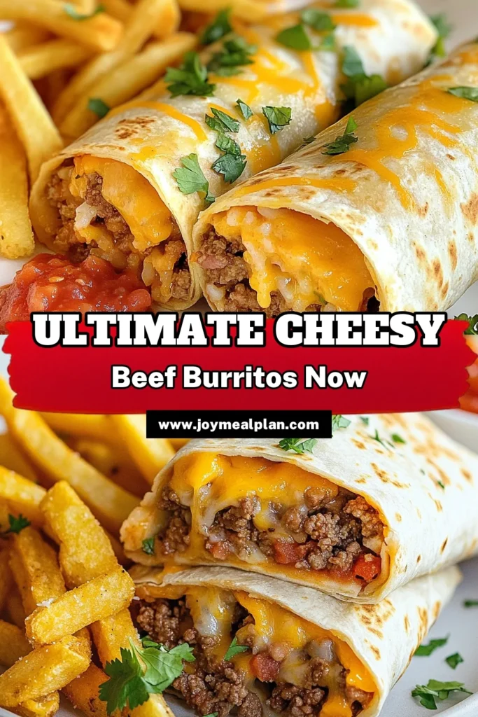 Indulge in these irresistible cheesy beef burritos, packed with taco seasoned beef, creamy refried beans, and sharp cheddar cheese. This easy beef burrito recipe is perfect for a family meal, especially when served alongside crispy homemade burritos with fries. Enjoy the flavors of these easy cheesy burritos at home. Don't miss out—click to try this delicious dish tonight! #BeefBurritoRecipe #CheesyBeefBurritos #EasyRecipes #HomemadeBurritosWithFries