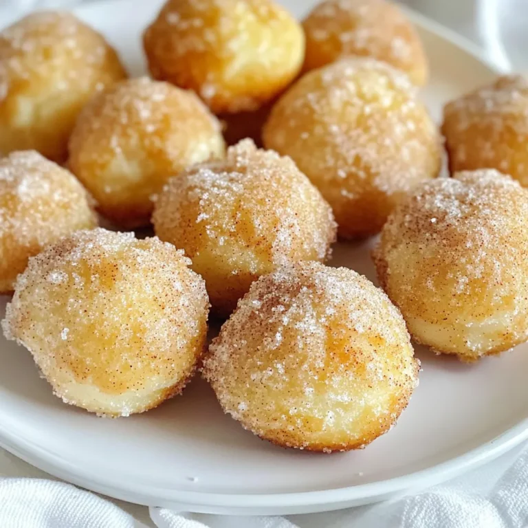 To make churro donut holes, you need these simple ingredients: - 1 cup all-purpose flour - 1/2 cup milk - 1/4 cup granulated sugar - 2 teaspoons baking powder - 1/4 teaspoon salt - 1/4 cup unsalted butter, melted - 1 large egg - 1 teaspoon vanilla extract - 1/2 cup granulated sugar (for coating) - 2 teaspoons ground cinnamon (for coating) - Oil for frying I recommend using King Arthur Flour for a high-quality all-purpose flour. For butter, Land O'Lakes is a great choice. For the best flavor, try using pure vanilla extract, like Nielsen-Massey. When it comes to sugar, any brand will work, but Domino is a reliable option. You can easily swap some ingredients if needed: - For a dairy-free option, use almond milk instead of regular milk. - If you lack eggs, try using a flax egg (1 tablespoon flaxseed meal + 2.5 tablespoons water). - You can use coconut oil instead of unsalted butter for a different flavor. - If you want a healthier coating, consider using coconut sugar instead of granulated sugar. These swaps help keep the recipe flexible while still tasting great! Start by gathering your dry ingredients. In a medium bowl, whisk together: - 1 cup all-purpose flour - 2 teaspoons baking powder - 1/4 teaspoon salt Mix these well. This step spreads the baking powder evenly. Next, take another bowl for the wet mix. Combine: - 1/2 cup milk - 1/4 cup melted unsalted butter - 1 large egg - 1 teaspoon vanilla extract - 1/4 cup granulated sugar Stir until the mixture is smooth. This makes sure all flavors blend nicely. Now, add the wet mix to the dry mix. Use a spatula to combine them. Mix until just combined. The batter will be thick but smooth. Heat oil in a deep frying pan over medium heat. Aim for 350°F (175°C). Use a thermometer for accuracy. Once the oil is hot, shape small balls of dough, about 1 inch wide. Drop them into the hot oil. Fry in batches to avoid crowding. Cook for 2-3 minutes on each side until golden brown. When done, use a slotted spoon to move them to a plate with paper towels. This helps soak up extra oil. In a shallow bowl, mix: - 1/2 cup granulated sugar - 2 teaspoons ground cinnamon Roll the warm donut holes in this mixture. Coat them well and shake off any extra. Enjoy these warm, tasty treats! To fry churro donut holes well, heat your oil to 350°F (175°C). This gives the donut holes the right crispness. Use a thermometer to check the oil temperature. If the oil is too hot, the outside cooks too fast. If it’s too cold, they soak up oil and become greasy. Fry in small batches. This keeps the oil temperature steady. The texture is key to great churro donut holes. Mix the wet and dry ingredients until just combined. Overmixing can make them tough. The dough should be thick and smooth. When you drop them in the oil, they should puff up nicely. Look for a golden brown color for a perfect finish. Serve churro donut holes warm for the best taste. Place them in a basket lined with parchment paper. This keeps them fresh and adds a nice touch. For extra fun, offer chocolate sauce for dipping. You can also sprinkle some extra cinnamon-sugar on top for a sweet touch. Enjoy them with friends or family for a delightful treat! {{image_4}} You can spice up your churro donut holes with different flavors. Adding chocolate or vanilla gives a fun twist. For chocolate, mix in cocoa powder to the dry ingredients. For vanilla, simply increase the vanilla extract to two teaspoons. You can even fill the donut holes with chocolate ganache for a surprise inside. Everyone loves a good surprise! If you want a lighter option, consider baking instead of frying. Preheat your oven to 350°F (175°C). Shape the dough into balls and place them on a baking sheet lined with parchment paper. Bake for about 10-12 minutes until golden. They still taste great, but without the oil! You can also use whole wheat flour for more fiber. Don’t forget about seasonal flavors! In the fall, try making pumpkin spice churro donut holes. Add 1/2 cup of pumpkin puree and a teaspoon of pumpkin spice to the wet ingredients. This gives a warm and cozy taste perfect for autumn. You can also roll them in nutmeg sugar for an extra festive touch! To keep your churro donut holes fresh, store them in an airtight container. Place parchment paper between layers to prevent sticking. They taste best within 1-2 days. If you leave them out, they may become dry and lose their charm. To reheat churro donut holes, use an oven. Preheat the oven to 350°F (175°C). Place the donut holes on a baking sheet and heat for about 5-7 minutes. This warms them without making them soggy. You can also use a microwave, but be careful. Microwaving too long makes them chewy. You can freeze churro donut holes for up to 3 months. Place them in a single layer on a baking sheet and freeze until solid. Then, transfer them to a freezer-safe bag. Label the bag with the date. When ready to eat, thaw them in the fridge overnight before reheating. Enjoy the same great taste! Yes, you can bake churro donut holes. Preheat your oven to 350°F (175°C). Shape the dough into balls and place them on a lined baking sheet. Bake for about 12-15 minutes, or until golden. The texture will be different, but they will still taste great. To make churro donut holes gluten-free, swap all-purpose flour for a gluten-free flour blend. Look for blends that have xanthan gum to help with texture. Ensure all other ingredients are gluten-free too. Churro donut holes taste great with various sauces. Try chocolate sauce, caramel, or a simple vanilla glaze. You can also serve them with a side of whipped cream for a fun twist. Churro donut holes stay fresh for about 1-2 days at room temperature. For longer storage, keep them in an airtight container in the fridge. They can last up to a week this way. Yes, you can make the dough ahead of time. Chill the dough in the fridge for up to 24 hours. When ready, let it warm up slightly before shaping and frying. This keeps it fresh and makes frying easier. You now have all the key ingredients to make delicious churro donut holes. We covered specific brands, substitutions, and step-by-step instructions for preparation and frying. I shared great tips to perfect your cooking process and made flavor variations easy to explore. Lastly, I provided storage advice to keep your treats fresh. With these tools, you can enjoy churro donut holes any time. Happy cooking!