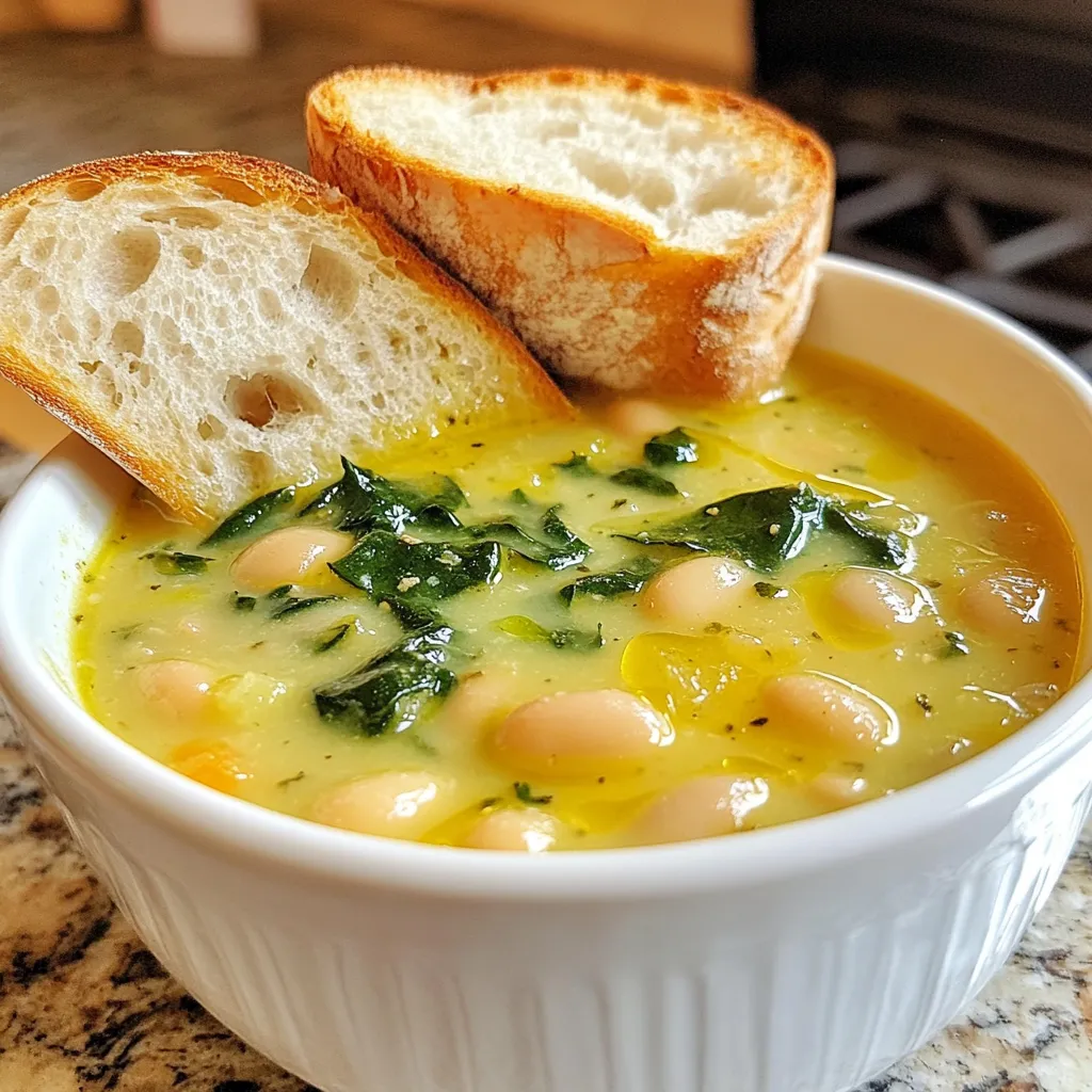 - 2 cups dried white beans (cannellini or navy), soaked overnight and drained - 1 medium onion, finely diced - 2 cloves garlic, minced - 2 medium carrots, peeled and diced - 2 celery stalks, diced - 1 teaspoon dried thyme - 1 teaspoon dried rosemary - 6 cups vegetable broth - 1 bay leaf - Salt and black pepper, to taste - 1 cup fresh spinach, roughly chopped - 2 tablespoons olive oil - Juice of 1 fresh lemon - Optional: Crusty bread for serving When making white bean soup, the right ingredients matter. Start with dried white beans, like cannellini or navy. These beans add creaminess and a nice texture. Soaking the beans overnight helps them cook faster. Fresh vegetables bring flavor and nutrients. I love using onion, garlic, carrots, and celery. They form a flavorful base for the soup. Seasonings like thyme and rosemary add depth. A bay leaf provides an earthy note. Don’t forget salt and black pepper to taste! Using vegetable broth gives the soup a rich flavor. If you want extra greens, add fresh spinach. A squeeze of lemon juice brightens the soup. And crusty bread makes a perfect side for dipping. This simple list of ingredients creates a cozy, delicious soup. Enjoy every spoonful! {{ingredient_image_2}} - Heat 2 tablespoons of olive oil in a large pot over medium heat. - Once it shimmers, add 1 diced onion, 2 diced carrots, and 2 diced celery stalks. - Sauté these for 5-7 minutes until soft and the onion is clear. - Add 2 minced garlic cloves, 1 teaspoon dried thyme, and 1 teaspoon dried rosemary. - Cook for 2 more minutes until it smells nice. - Put in 2 cups soaked and drained white beans. - Pour in 6 cups vegetable broth and add 1 bay leaf. - Stir it all together, then bring to a gentle boil. - Once boiling, lower the heat and cover the pot. - Let it simmer for 1 to 1.5 hours. Check the beans for tenderness. - When done, take out the bay leaf. - Use an immersion blender to blend the soup until it’s creamy. - If you don’t have one, blend part of it in a regular blender. - Stir in 1 cup chopped fresh spinach and let it wilt for about 2 minutes. - Season with salt, black pepper, and juice from 1 lemon to taste. - Serve the soup hot, with crusty bread on the side for dipping. To take your white bean soup to the next level, add herbs and spices. I love using dried thyme and rosemary for a fragrant touch. You can also try adding a bay leaf while cooking. This adds depth and a lovely aroma. If you want a heartier soup, consider adding protein. Shredded chicken or crispy bacon are great choices. They bring a savory flavor that makes each bowl even better. When deciding how to cook your soup, you have options. You can use a slow cooker or a stovetop. The slow cooker is great for letting flavors meld over time. Just set it up in the morning and enjoy later. If you want it done quicker, use the stovetop method. It takes about 1.5 hours to cook. You can also try an Instant Pot. Cook the soup in about 30 minutes for a fast, tasty meal. The texture of your soup matters. For creaminess, use an immersion blender. Blend until you reach your desired smoothness. If you don’t have one, pour some soup into a regular blender. Blend it and return it to the pot. This gives you a nice mix of creamy and chunky. Timing is key when adding ingredients. Add spinach at the end. It wilts quickly, keeping it bright and fresh. This helps in achieving the best flavor and texture in your soup. Pro Tips Soak the Beans Well: Soaking the beans overnight not only reduces cooking time but also helps in achieving a creamier texture. Use Fresh Herbs: Fresh herbs can elevate the flavor profile of your soup significantly. Consider adding a few sprigs of fresh thyme or rosemary when serving. Adjusting Consistency: If you prefer a chunkier soup, reserve some whole beans before blending and stir them back in after reaching your desired creaminess. Flavor Boost: Enhance the soup's flavor by adding a splash of white wine or a tablespoon of miso paste along with the broth. {{image_4}} You can easily change the beans in this soup. Navy beans work well, too. They have a similar taste and texture. Great Northern beans are another option. They add a nice creaminess. Feel free to swap out some veggies. Zucchini adds a fresh flavor. Kale brings great nutrients and a bit of crunch. You can also use green beans or bell peppers. Each choice will change the soup a bit. Want to explore new flavors? Try an Italian-style white bean soup. Add some diced tomatoes and Italian herbs. This gives the soup a rich taste. You can also stir in some pesto for a fun twist. Mediterranean-inspired versions are great as well. Use olives and feta cheese for a salty kick. Add spices like cumin or coriander for warmth. These flavors take your soup on a trip around the world. Seasonal veggies can change your soup with the times. In fall, try adding butternut squash. It brings sweetness and depth. In summer, fresh corn or tomatoes can brighten it up. You can also change the flavor with the seasons. In winter, use hearty spices like cumin or paprika. In spring, add fresh herbs like basil or parsley. Each season can make your soup feel new and exciting. To keep your white bean soup fresh, store it in an airtight container. Place the cooled soup in the fridge. It will stay good for about 3 to 5 days. If you want to keep it longer, freezing is a great option. To freeze, ladle the soup into freezer-safe bags. Leave some space at the top to allow for expansion. Seal tightly and label with the date. This way, you can enjoy it later! When you’re ready to eat your frozen soup, thaw it in the fridge overnight. For quick reheating, use the stovetop. Pour the soup into a pot and heat it on medium. Stir often to prevent it from sticking. If the soup seems too thick, add a splash of broth or water. For a microwave option, place the soup in a microwave-safe bowl. Heat in short bursts, stirring in between, until hot. White bean soup can last up to 5 days in the fridge. If frozen, it can stay good for about 3 months. Always check for signs that the soup has gone bad. If you see mold or it smells off, it’s best to throw it away. If the soup separates or changes color, that’s also a sign it’s time to discard it. Store wisely to enjoy your creamy delight longer! White beans pack a lot of nutrition. They are full of fiber, protein, and vitamins. A cup of cooked white beans gives you about 15 grams of protein. This helps build muscle and keeps you full. They are also rich in iron, which is good for blood health. The carrots and spinach in the soup add vitamins A and C. These vitamins help your immune system stay strong. The olive oil provides healthy fats that can help your heart. Yes, you can make white bean soup ahead of time. It tastes even better after resting. To prep, just make the soup and cool it down. Store it in a container in the fridge for up to five days. You can also freeze the soup. It stays good for about three months. To reheat, warm it on the stove over low heat. Stir it often to keep it smooth. If it seems too thick, add a little water or broth. White bean soup goes well with many side dishes. Crusty bread is a great choice for dipping. You can also serve a fresh salad on the side. For toppings, try adding chopped herbs, like parsley or chives. A sprinkle of cheese can add a nice touch, too. A drizzle of olive oil on top enhances the flavor. You can even add a squeeze of lemon for a zesty kick. White bean soup is easy and tasty. We covered key ingredients, cooking steps, and helpful tips. You can make it creamy or hearty. Customize your soup with different beans and veggies. Don't forget to store leftovers properly for later. Enjoy crafting your own version that suits your taste. This soup not only warms you up but also packs health benefits. Embrace your creativity, and share your delicious results!