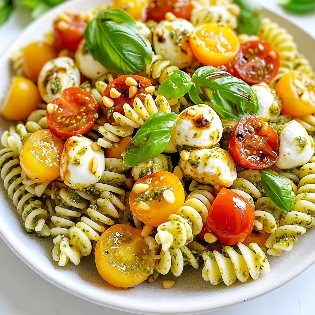 - 8 oz rotini pasta - 1 cup cherry tomatoes, halved - 1 cup fresh mozzarella balls (bocconcini) - 1 cup fresh basil leaves, loosely packed - 1/4 cup pine nuts, toasted - 1/2 cup fresh pesto (store-bought or homemade) - 2 tablespoons extra virgin olive oil - Salt and freshly ground black pepper to taste - Balsamic glaze for drizzling Gathering fresh ingredients makes a big difference in taste. You want rotini pasta that holds sauce well. Use ripe cherry tomatoes for sweetness. I love bocconcini for its creamy texture. Don’t skip the fresh basil; it adds bright flavor. Toasting pine nuts enhances their nutty taste. You can use store-bought pesto, but homemade is best. Extra virgin olive oil adds richness and depth. Salt and pepper elevate all the flavors. The balsamic glaze is the cherry on top, giving a sweet finish. Make sure everything is fresh. This salad shines with quality ingredients. It’s easy to find these items at your local market. Always check for the best quality to impress your guests. {{ingredient_image_2}} To start, fill a large pot with salted water. Bring this water to a rolling boil. Once boiling, add 8 ounces of rotini pasta. Cook it for about 8 to 10 minutes. You want it to be al dente, which means it should still have a little bite. After cooking, drain the pasta in a colander. Rinse it under cold water to stop the cooking process and cool it down quickly. While the pasta cools, wash 1 cup of cherry tomatoes. Halve each tomato with a sharp knife. Next, take 1 cup of fresh mozzarella balls and drain them to remove excess moisture. For the pine nuts, measure out 1/4 cup. Place these in a dry skillet over medium heat. Toast them for about 3 to 4 minutes. Stir often until they turn golden brown and smell great. Keep an eye on them so they don’t burn. In a large mixing bowl, add the cooled rotini pasta. Then, add the halved cherry tomatoes, drained mozzarella balls, and toasted pine nuts. Tear the fresh basil leaves into smaller pieces and add those too. Next, pour in 1/2 cup of fresh pesto and 2 tablespoons of extra virgin olive oil. Use a large spoon or spatula to gently toss everything together. Make sure all the ingredients are well-coated with the pesto. Before you serve, taste the pasta salad. You might want to add salt and freshly ground black pepper based on your preference. Remember, the pesto may already have salt in it, so season carefully. To serve, scoop the pasta salad onto a nice serving platter or into individual bowls. For an extra touch, drizzle some balsamic glaze over the top just before serving. This adds sweetness and brightness to the dish. Enjoy your fresh and flavorful Pesto Caprese Pasta Salad! To make the best pasta, you need to cook it just right. You want that perfect al dente texture. This means the pasta should be firm but not hard. To achieve this, boil your rotini in salted water for 8-10 minutes. Check it a minute or two before the time is up. You want it to have a slight bite when you taste it. After you cook the pasta, rinse it properly. This stops the cooking process and cools the pasta quickly. Use cold water and pour it over the pasta in a colander. This step helps keep the pasta from getting sticky. Quality pesto is key to a great dish. If you can, use homemade pesto. It tastes better and has fresher ingredients. Store-bought pesto can work too, but check for natural ingredients. Using fresh ingredients is also important. Fresh mozzarella balls and ripe cherry tomatoes really boost flavor. Their taste shines in the salad. Don’t skip the fresh basil either. It adds a lovely aroma and taste. For a beautiful salad, garnishing is a must. Add extra basil leaves on top. You can also sprinkle toasted pine nuts for a nice crunch. When serving, think about your dish. A nice platter can elevate the look. You might also use individual bowls. Drizzle balsamic glaze over the top just before serving. This adds a sweet touch that makes it pop. Pro Tips Use Fresh Ingredients: The quality of your cherry tomatoes, mozzarella, and basil will significantly enhance the flavor of your pasta salad. Opt for in-season produce for the best taste. Perfect Pesto: If using store-bought pesto, try to select a high-quality brand or make your own. Homemade pesto can be customized to your taste, ensuring a fresher flavor. Chill Before Serving: Allow the pasta salad to chill in the refrigerator for at least 30 minutes before serving. This helps the flavors meld together beautifully. Variations: Feel free to add other ingredients like olives, arugula, or roasted red peppers to customize your pasta salad to your liking. {{image_4}} You can easily swap out pasta types. Try using quinoa or whole wheat pasta for a healthy twist. If you want something gluten-free, go for rice pasta or chickpea pasta. Each will give a unique taste and texture. For dairy-free options, use tofu or a nut-based cheese instead of mozzarella. These alternatives still provide creaminess. They blend well with the other flavors in the salad. Want to boost the protein? Adding grilled chicken or shrimp makes this dish heartier. Simply cook your protein of choice and mix it in with the pasta. It's a great way to turn a side dish into a main course. If you like a little heat, sprinkle in red pepper flakes. This small change can add a nice kick to your salad. Adjust the amount to fit your spice level. In spring, fresh asparagus and sweet peas can add color and crunch. Just blanch the asparagus for a few minutes before adding it to the salad. The peas add a nice pop, both in taste and texture. For summer, think about adding zucchini or bell peppers. Slice them thin and toss them in raw. They will give your salad a fresh, crisp bite that perfectly captures summer flavors. To keep your Pesto Caprese Pasta Salad fresh, store it in the fridge. Place the salad in a sealed container. Use glass or plastic containers with tight-fitting lids. This helps keep moisture in and air out. Your pasta salad will stay fresh for about 3 to 5 days. You can freeze this pasta salad, but it may change texture. To freeze, use a freezer-safe container. Leave some space at the top, as the salad will expand. When you want to eat it, take it out and let it thaw in the fridge overnight. To reheat, gently warm it in a pot over low heat. Stir occasionally to help it heat evenly. You can also enjoy it cold after thawing. Just add a little extra pesto and olive oil for flavor. Pesto Caprese Pasta Salad lasts about three to five days in the fridge. To keep it fresh, store it in an airtight container. This helps prevent the pasta from drying out. If you notice any moisture, use a paper towel to absorb it. This simple step keeps your salad tasty for longer. Yes, you can make this salad ahead of time. It tastes even better after resting for a few hours. To prepare it in advance, follow the recipe and store it in the fridge. Just add the balsamic glaze right before serving. This keeps the salad from getting soggy. If you don’t have pesto, consider using other sauces. A simple mix of olive oil, garlic, and herbs works well. You can also try sun-dried tomato spread or a store-bought Italian dressing. Each option gives a different flavor but still keeps your salad fresh and delicious. Absolutely! This salad is meal prep friendly. Make a big batch and divide it into portions for the week. It holds up well, making it great for lunches or quick dinners. Just remember to add fresh basil and balsamic glaze when you’re ready to eat. Yes, you can easily make this salad vegan. Substitute fresh mozzarella with dairy-free cheese or omit it entirely. Use vegan pesto, made without cheese, or make your own. These simple swaps keep the flavors vibrant while sticking to a vegan diet. This pasta salad is fresh and easy to make. You gather rotini, cherry tomatoes, and mozzarella. You toss them with pesto and olive oil for great flavor. Remember to use quality ingredients. This dish shines when served chilled with balsamic glaze on top. You can also switch up ingredients to suit your taste or season. Try it with different proteins or veggies. Now, you can enjoy a dish that's perfect for any occasion, full of flavor and color.