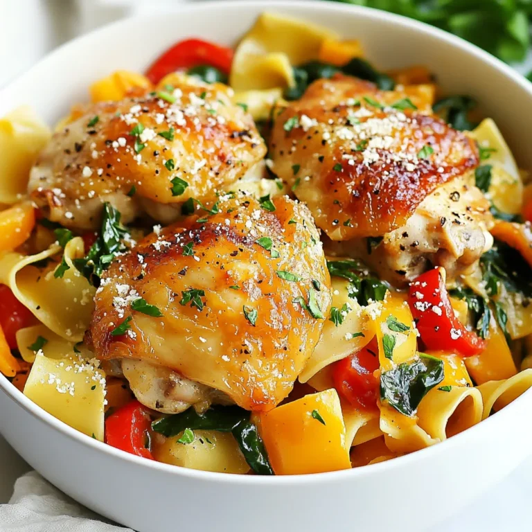 - Chicken Thighs: 4 boneless, skinless - Noodles: 150g egg noodles or preferred pasta - Aromatics: Olive oil, butter, garlic, onion - Vegetables: Fresh spinach, bell pepper, seasonings The dish shines with simple yet fresh ingredients that make it special. Chicken thighs are juicy and flavorful. They bring a rich taste to the meal. I like using boneless, skinless thighs for easy cooking. They cook evenly and stay moist. Egg noodles are my go-to here. They soak up the sauce well and add a nice texture. You can also choose your favorite pasta if you prefer. Just cook it until it is al dente for the best bite. Aromatics like olive oil and butter create a rich base. They add depth to the dish. Garlic and onion bring a lovely fragrance. I always use fresh garlic for the best flavor. It gives the meal a warm, inviting aroma. For the vegetables, fresh spinach and bell pepper add color and nutrition. Spinach wilts down nicely, while the bell pepper offers a sweet crunch. Seasonings like oregano, salt, and pepper enhance all the flavors. They balance the dish perfectly. This blend of ingredients makes One-Pan Chicken with Buttered Noodles a simple delight. Each element works together to create a comforting and tasty meal. {{ingredient_image_2}} Start by patting the chicken thighs dry with a paper towel. This step helps the seasoning stick better. Season both sides with salt, black pepper, and dried oregano. This mix adds great flavor. Set the seasoned chicken aside while you heat the skillet. In a large skillet, heat the olive oil over medium-high heat. Once the oil shines, add the chicken thighs. Cook for about 5-7 minutes on each side. You want them to be golden brown and fully cooked. When done, remove the chicken from the skillet and place it on a plate. Lower the heat to medium in the same skillet. Add the chopped onion and minced garlic. Sauté for around 2 minutes. The onion should turn translucent and smell great. Now, add the sliced bell pepper and fresh spinach. Stir and cook for 3-4 minutes. You want the spinach to wilt and the bell pepper to soften. Stir occasionally for even cooking. Next, stir in the egg noodles and chicken broth. Bring this to a gentle simmer. Cover and cook for 5-7 minutes. The noodles should be al dente. Stir now and then to stop them from sticking. Once the noodles are done, return the chicken thighs to the skillet. Add the butter and gently toss everything together. This helps the flavors blend and the butter melt nicely. If you like, sprinkle the dish with grated Parmesan cheese. Toss gently once more to mix. Finally, garnish with fresh parsley for a pop of color. Serve the dish warm in a large bowl to show off those bright colors. - Ensuring Chicken is Fully Cooked: Always check the chicken's internal temperature. It should reach 165°F (75°C). Use a meat thermometer for accuracy. This step keeps your meal safe and tasty. - Preventing Noodles from Sticking: Stir the noodles gently while cooking. This helps separate them. Make sure to stir every couple of minutes. It keeps your noodles smooth and easy to eat. - Additional Seasonings: You can add herbs like basil or thyme for more depth. A pinch of red pepper flakes can also add a nice kick. Experiment to find your favorite mix! - Importance of Fresh Ingredients: Fresh spinach and bell peppers make a big difference. They add better taste and color. Always choose vibrant veggies when you can. - Pairing Options: Serve this dish with a light salad or garlic bread. These sides balance the meal well. They also add more flavor and texture to your dining experience. - Ideal Serving Temperature: The dish tastes best warm. Serve it right after cooking. It keeps the flavors fresh and the noodles from drying out. Pro Tips Maximize Flavor: Marinate the chicken thighs in olive oil, garlic, and oregano for at least 30 minutes before cooking to enhance the flavor. Perfect Noodles: To ensure the noodles don’t clump together, stir them occasionally while cooking and make sure to use enough broth. Fresh Spinach: Add the spinach at the end of cooking to retain its vibrant color and nutrients. Garnish Wisely: A sprinkle of lemon zest with the parsley can elevate the dish with a fresh, zesty flavor. {{image_4}} - Chicken Alternatives: You can use chicken breasts or drumsticks instead of thighs. For a lighter option, lean turkey works well too. - Pasta Options: Swap egg noodles for whole wheat pasta for more fiber. If you need gluten-free, try rice noodles or quinoa pasta. - Vegetarian Version: Replace chicken with tofu or chickpeas. Both options soak up flavors well and add protein. - Vegan Option: Use plant-based broth and eliminate butter. Instead, try a vegan butter or olive oil for a rich taste. - Adding Spices: Spice it up with paprika for a smoky flavor or curry powder for an exotic twist. You can also add fresh herbs like basil or thyme for freshness. - Incorporating Cheese Variants: Instead of Parmesan, try goat cheese for creaminess or feta for a tangy kick. Each cheese brings a unique taste to the dish. How long does One-Pan Chicken with Buttered Noodles last in the fridge? It stays good for about 3 to 4 days. To store it, put the leftovers in an airtight container. This helps keep it fresh and tasty. You can also separate the chicken from the noodles if you prefer. How do you freeze One-Pan Chicken with Buttered Noodles? First, let it cool completely. Then, pack it into freezer-safe bags or containers. Press out as much air as you can to avoid freezer burn. It can stay frozen for about 2 to 3 months. When you are ready to eat it, thaw it overnight in the fridge. What is the best way to reheat One-Pan Chicken with Buttered Noodles? You can use a microwave, stovetop, or oven. For the microwave, cover it loosely and heat for 2-3 minutes. Stir halfway through to warm it evenly. On the stovetop, add a splash of broth and heat gently. For the oven, preheat to 350°F and bake for about 15-20 minutes. To keep the flavor and texture, add a bit of butter or broth while reheating. Making One-Pan Chicken with Buttered Noodles takes about 30 minutes. You need around 10 minutes to prep the ingredients. Cooking takes about 20 minutes. Yes, you can use frozen chicken thighs. Thaw them in the fridge overnight for best results. If you're short on time, use a microwave on the defrost setting. Just be sure to cook them fully. This dish pairs well with a simple green salad. You can also serve it with steamed broccoli or roasted vegetables. Garlic bread is a great side too! To make this dish healthier, use less butter. You can also swap egg noodles for whole wheat or zucchini noodles. Add more veggies like carrots or peas to boost nutrition. Yes, you can double this recipe. Just use a larger pan to fit all the ingredients. Keep an eye on the cooking times, as they may need slight adjustments. This recipe for One-Pan Chicken with Buttered Noodles is both simple and delicious. We covered the key ingredients, cooking steps, and variations to meet different diets. Remember, using fresh ingredients can really enhance the flavors. Experiment with spices and side dishes to make it your own. Whether you serve it for family or guests, this dish will shine. Keep these tips in mind to make cooking easy and fun. Enjoy your tasty creation!