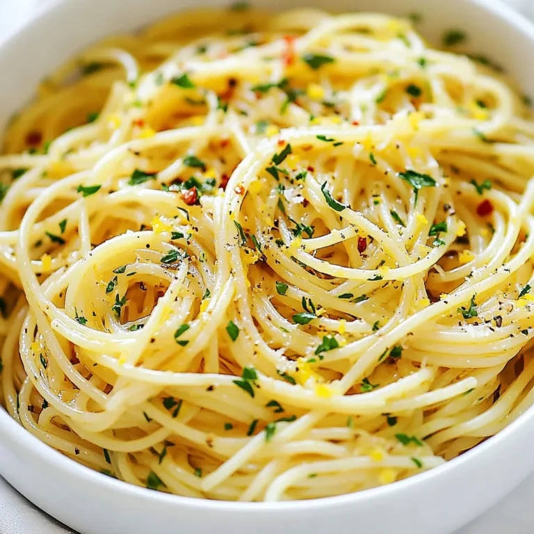 - 200g spaghetti - 4 cloves garlic, thinly sliced - 60ml extra virgin olive oil - 1 teaspoon red pepper flakes - 1/4 cup fresh parsley, chopped - Zest of 1 lemon - Salt, to taste - Freshly grated Parmesan cheese (optional) Garlic olive oil spaghetti uses simple, fresh ingredients. You only need a few items to make this dish shine. The spaghetti is the base, and it cooks up nicely in salted water. Garlic is the star, bringing bold flavor. The extra virgin olive oil adds richness and helps everything blend. Red pepper flakes give it a kick, so you can adjust that to your taste. Fresh parsley adds a bright touch, making the dish feel lively. Lemon zest brings a bit of brightness, enhancing all the flavors. Don't forget salt, which is key for bringing out the taste of each ingredient. If you like cheese, freshly grated Parmesan is a great finishing touch. This dish is not just easy to make; it's also full of flavor. You can make it in about 20 minutes, which is perfect for a quick meal. Enjoy each bite of this simple yet delicious dish! {{ingredient_image_2}} 1. Fill a big pot with water. Add a lot of salt. 2. Bring the water to a rolling boil. 3. Add the spaghetti to the pot. 4. Cook the spaghetti until it is al dente, about 8-10 minutes. 5. Before draining, save about 1/2 cup of the pasta water. 6. Drain the spaghetti well and set it aside. 1. Pour extra virgin olive oil into a large skillet. 2. Heat the oil over medium heat. 3. When the oil is warm, add sliced garlic and red pepper flakes. 4. Stir the garlic often for 2-3 minutes. 5. Make sure the garlic turns golden but does not burn. 1. Add the drained spaghetti to the skillet. 2. Toss the spaghetti well in the garlic oil. 3. If it seems dry, add some of the reserved pasta water. 4. Mix in the chopped parsley and lemon zest. 1. Serve the spaghetti hot right from the skillet. 2. For added flavor, sprinkle fresh Parmesan cheese on top. 3. To make it pretty, add more parsley and lemon zest as garnish. - Salting the water is key. It helps flavor the spaghetti. Use a lot of salt; it should taste like the sea. - Monitor the garlic closely while cooking. You want it golden, not brown. Brown garlic can taste bitter. - Adjust the heat when sautéing. Start with medium heat. If the garlic cooks too fast, lower the heat. - Pair your spaghetti with a simple salad. A fresh green salad works well. You can also enjoy garlic bread on the side. - For wine, a light white wine pairs nicely. Choose something like Pinot Grigio or Sauvignon Blanc. - Always use high-quality olive oil. The better the oil, the better the flavor of the dish. - Customize spice levels to your liking. Add more red pepper flakes for heat. You can even skip them if you prefer mild. Pro Tips Use Quality Olive Oil: The flavor of your dish hinges on the quality of the extra virgin olive oil. Opt for a fresh, high-quality brand for the best results. Adjust Garlic to Taste: If you're a garlic lover, feel free to add more cloves. Conversely, reduce the amount if you prefer a milder flavor. Reserve Pasta Water: Always save some pasta cooking water. It’s starchy and can help create a silky sauce that clings beautifully to the spaghetti. Garnish Creatively: Elevate your presentation with additional garnishes like chili flakes, a sprinkle of lemon juice, or even toasted pine nuts for extra texture and flavor. {{image_4}} You can easily change up this dish to fit your needs. Here are some ideas: - Alternative pastas: Try gluten-free or whole wheat pasta. They work well and taste great. - Vegan cheese options: If you avoid dairy, use vegan cheese. Nutritional yeast can add a cheesy flavor. - Adding protein: Boost your meal by adding shrimp or chicken. Sauté them before the garlic for added flavor. Want to make your garlic olive oil spaghetti even better? Here are a few tips: - Incorporating vegetables: Add spinach or cherry tomatoes for color and nutrition. Sauté them along with the garlic for extra taste. - Using different herbs: Fresh herbs like basil or oregano can change the flavor. Sprinkle them in right before serving for a fresh touch. These variations can transform a simple dish into something special, matching your taste perfectly. Enjoy experimenting! To store leftovers, let the spaghetti cool first. Place it in an airtight container. This keeps the flavors fresh and prevents drying. You can store it in the fridge for up to three days. For best results, eat it within two days. When storing pasta, try to keep it separate from sauces. This helps maintain the spaghetti's texture. If the pasta absorbs too much sauce, it can become mushy. For reheating, there are a few easy methods. You can use the microwave, stovetop, or oven. If using a microwave, place the spaghetti in a bowl. Add a splash of water and cover it. Heat it in short bursts, stirring in between. If you prefer the stovetop, warm a skillet on low heat. Add a bit of olive oil or butter to keep it from drying out. Stir frequently until heated through. The oven is great, too. Cover the dish with foil and heat at 350°F until warm. To freeze spaghetti with olive oil, let it cool completely. Place it in a freezer-safe bag or container. Make sure to remove as much air as possible. This prevents freezer burn. You can freeze it for up to three months. To thaw, move the spaghetti from the freezer to the fridge a day before you want to eat it. For quick thawing, place it in a bowl of warm water. Reheat using one of the methods above. Add a splash of olive oil if it seems dry. Enjoy your quick meal! The best olive oil for garlic olive oil spaghetti is extra virgin. It has the best flavor and quality. Extra virgin olive oil adds depth to your dish. Look for a bottle labeled "cold-pressed" for freshness. A good quality oil makes a big difference in taste. Yes, you can make garlic olive oil spaghetti ahead of time. Cook the pasta and prepare the garlic oil. Store them separately in the fridge. When you are ready to eat, combine them in a skillet. Heat gently until warm. This method keeps the pasta fresh. To adjust the recipe for more servings, simply double or triple the ingredients. Use 100g of spaghetti per person as a guide. Keep the same ratio for garlic and olive oil. If you need to make it for six people, use 600g of spaghetti. Garlic olive oil spaghetti pairs well with a green salad. You might also serve it with garlic bread or grilled vegetables. For protein, consider shrimp or chicken. These options add balance to your meal and enhance the flavors. To prevent garlic from burning, cook it over low to medium heat. Stir it often to keep it from sticking. Remove the skillet from heat as soon as it turns golden. Burnt garlic tastes bitter and ruins the dish. Keep an eye on it while cooking. In this post, we explored how to make garlic olive oil spaghetti. We covered key ingredients like olive oil, garlic, and parsley. I shared step-by-step instructions for cooking, mixing, and serving. We also discussed tips for perfecting your dish and variations to suit your taste. Cooking this dish is simple and fun. Experiment with flavors to make it your own. Enjoy each bite, and remember to share this tasty recipe with friends!