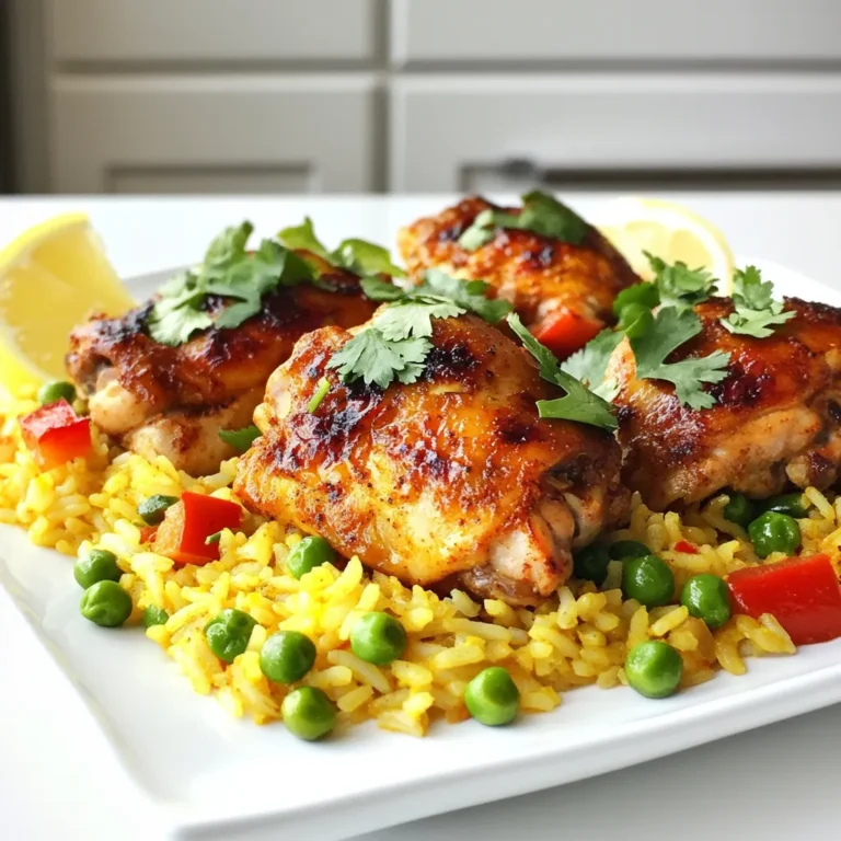 - 4 chicken thighs, bone-in and skin-on - 1 cup basmati rice - 2 cups chicken broth, preferably low-sodium - 1 red bell pepper, thinly sliced - 1 medium onion, finely chopped - 3 garlic cloves, finely minced - 1 teaspoon ground cumin - 1 teaspoon smoked paprika - 1 teaspoon ground turmeric - 1 tablespoon aji amarillo paste, or to taste for heat - 1 cup frozen peas - 2 tablespoons extra virgin olive oil - Salt and freshly ground black pepper, to taste - Fresh cilantro leaves, for garnish - Lemon wedges, for serving - Extra virgin olive oil In this dish, you will find a mix of rich flavors and textures. The chicken thighs offer a tender, juicy bite. Basmati rice adds a nutty aroma and light texture. The vegetables bring color and freshness. With spices like cumin and turmeric, every bite bursts with flavor. Aji amarillo paste gives a nice kick, making this dish truly Peruvian. When you serve this dish, the fresh cilantro and lemon wedges provide a bright contrast. They add a zesty touch that livens up the meal. Using extra virgin olive oil enhances the overall taste and gives a rich finish. This combination of ingredients creates a delightful dinner that everyone will love. {{ingredient_image_2}} First, rinse the basmati rice under cold water. Keep rinsing until the water runs clear. This step removes extra starch. Drain the rice well and set it aside. This helps the rice cook better. Next, heat extra virgin olive oil in a large skillet over medium-high heat. Season the chicken thighs with salt, pepper, cumin, paprika, and turmeric. Once the oil is hot, place the chicken in the skillet, skin-side down. Sear for about 5-7 minutes until golden and crispy. Flip the chicken and cook for another 5 minutes. Remove the chicken and set it aside on a plate. In the same skillet, lower the heat a bit. Add the chopped onion and minced garlic. Cook for 2-3 minutes until the onion is soft and clear. This step builds a tasty base for the dish. Now, stir in the sliced red bell pepper and aji amarillo paste. Cook for another 2 minutes to blend the flavors. Then, add the rinsed basmati rice to the skillet. Stir well to coat each grain with the vegetable mix. Toast the rice lightly for 1-2 minutes. Pour in the chicken broth and bring everything to a boil. Once bubbling, reduce the heat to a simmer. Return the chicken thighs to the pot, skin-side up, and cover it with a lid. Let it simmer for 20-25 minutes. In the last 5 minutes, sprinkle frozen peas on top and cover again. After cooking, remove the pot from heat and let it sit covered for 5 minutes. This step lets the flavors meld. Fluff the rice with a fork. Check the chicken for seasoning and add more salt and pepper if needed. Serve the chicken and rice on a platter. Garnish with fresh cilantro and lemon wedges for a bright touch. Rinsing rice is key. It removes excess starch. This helps make the rice fluffy, not sticky. To rinse, place the rice in a fine-mesh strainer. Run cold water over it until the water runs clear. The correct liquid-to-rice ratio is also important. For basmati rice, use two cups of chicken broth for every cup of rice. This ensures the rice absorbs enough flavor and cooks well. To boost the flavor, try adding more spices or marinades. You can add a pinch of cayenne for heat. Consider using fresh herbs like oregano for freshness. A squeeze of lime juice before serving adds brightness. Marinating the chicken in aji amarillo paste overnight can deepen the flavor. It gives the dish a delightful kick. Presentation makes your meal more inviting. Serve the chicken and rice on a large platter. Garnish with fresh cilantro for a pop of color. Arrange lemon wedges around the dish. This not only looks nice but gives guests an option to add zest. You can also sprinkle extra peas on top for a vibrant touch. Pro Tips Marinate for More Flavor: For an even more flavorful chicken, consider marinating the thighs in a mixture of aji amarillo paste, olive oil, garlic, and spices for at least 30 minutes or overnight before cooking. Perfect Rice Texture: Rinsing the basmati rice is key to achieving fluffy rice. It removes excess starch, preventing the rice from becoming gummy during cooking. Adjusting Spice Levels: If you prefer your dish milder, start with a smaller amount of aji amarillo paste and taste as you go, gradually adding more to suit your heat preference. Resting Time Matters: Allowing the dish to rest after cooking helps the flavors to meld and the rice to finish cooking, resulting in a more cohesive and delicious meal. {{image_4}} You can switch chicken for other proteins. Shrimp works well in this dish. Just add it later in the cooking. Tofu is a great choice for a vegetarian option. Use firm tofu, and sauté it until golden. Both options will keep the dish tasty and exciting. To control the heat, aji amarillo paste is key. Start with a small amount and taste. You can always add more if you want more heat. This paste brings a unique flavor and warmth. Adjust it to fit your family's taste. Adding veggies can boost the texture and taste. Consider carrots for sweetness, corn for crunch, or olives for a briny bite. You can add these during the sauté step. These extras make your dish more colorful and fun to eat. To keep your Peruvian chicken and rice fresh, store leftovers in airtight containers. Make sure to cool the dish to room temperature first. Refrigerate it within two hours of cooking. This keeps bacteria from growing. You can also freeze portions for later. Use freezer-safe containers or bags. Remove as much air as possible before sealing. To reheat, the best way is on the stove. Place your leftovers in a pan over medium heat. Add a splash of chicken broth or water to keep it moist. Stir occasionally until heated through. You can also use a microwave. Cover your dish with a microwave-safe lid or wrap. Heat on medium power, stirring every minute. This helps the dish heat evenly. In the fridge, your Peruvian chicken and rice lasts about 3 to 4 days. If you freeze it, it can last up to 3 months. Just remember, the longer it stays frozen, the more flavor it may lose. Always check for any signs of spoilage before eating. If it smells bad or looks strange, it's best to throw it away. Aji amarillo paste is a spicy Peruvian sauce made from yellow chili peppers. It has a fruity flavor and adds warmth to dishes. You can find it in Latin markets or online. If you can't find it, use another hot pepper paste, but the taste will change. Yes, you can use a rice cooker or an instant pot for this recipe. For a rice cooker, follow the steps to sauté the chicken and veggies on the stove first, then transfer everything to the rice cooker with broth. For an instant pot, use the sauté function first, then pressure cook for about 10 minutes. To create a vegetarian version, replace chicken with firm tofu or chickpeas. Use vegetable broth instead of chicken broth. Add more veggies like zucchini or carrots for extra flavor and texture. The aji amarillo paste will still add a nice kick! This blog post explored how to make a delicious chicken dish with basmati rice. We discussed the key ingredients, including chicken thighs and flavorful spices. I shared step-by-step instructions for cooking and tips for perfecting your rice. You can also vary the dish with different proteins and spices. In closing, remember to adjust flavors and add your favorite veggies. Enjoy creating a plate that tastes great and looks fantastic! Happy cooking!