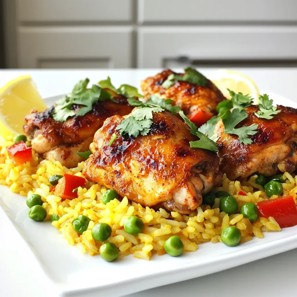 - 4 chicken thighs, bone-in and skin-on - 1 cup basmati rice - 2 cups chicken broth, preferably low-sodium - 1 red bell pepper, thinly sliced - 1 medium onion, finely chopped - 3 garlic cloves, finely minced - 1 teaspoon ground cumin - 1 teaspoon smoked paprika - 1 teaspoon ground turmeric - 1 tablespoon aji amarillo paste, or to taste for heat - 1 cup frozen peas - 2 tablespoons extra virgin olive oil - Salt and freshly ground black pepper, to taste - Fresh cilantro leaves, for garnish - Lemon wedges, for serving - Extra virgin olive oil In this dish, you will find a mix of rich flavors and textures. The chicken thighs offer a tender, juicy bite. Basmati rice adds a nutty aroma and light texture. The vegetables bring color and freshness. With spices like cumin and turmeric, every bite bursts with flavor. Aji amarillo paste gives a nice kick, making this dish truly Peruvian. When you serve this dish, the fresh cilantro and lemon wedges provide a bright contrast. They add a zesty touch that livens up the meal. Using extra virgin olive oil enhances the overall taste and gives a rich finish. This combination of ingredients creates a delightful dinner that everyone will love. {{ingredient_image_2}} First, rinse the basmati rice under cold water. Keep rinsing until the water runs clear. This step removes extra starch. Drain the rice well and set it aside. This helps the rice cook better. Next, heat extra virgin olive oil in a large skillet over medium-high heat. Season the chicken thighs with salt, pepper, cumin, paprika, and turmeric. Once the oil is hot, place the chicken in the skillet, skin-side down. Sear for about 5-7 minutes until golden and crispy. Flip the chicken and cook for another 5 minutes. Remove the chicken and set it aside on a plate. In the same skillet, lower the heat a bit. Add the chopped onion and minced garlic. Cook for 2-3 minutes until the onion is soft and clear. This step builds a tasty base for the dish. Now, stir in the sliced red bell pepper and aji amarillo paste. Cook for another 2 minutes to blend the flavors. Then, add the rinsed basmati rice to the skillet. Stir well to coat each grain with the vegetable mix. Toast the rice lightly for 1-2 minutes. Pour in the chicken broth and bring everything to a boil. Once bubbling, reduce the heat to a simmer. Return the chicken thighs to the pot, skin-side up, and cover it with a lid. Let it simmer for 20-25 minutes. In the last 5 minutes, sprinkle frozen peas on top and cover again. After cooking, remove the pot from heat and let it sit covered for 5 minutes. This step lets the flavors meld. Fluff the rice with a fork. Check the chicken for seasoning and add more salt and pepper if needed. Serve the chicken and rice on a platter. Garnish with fresh cilantro and lemon wedges for a bright touch. Rinsing rice is key. It removes excess starch. This helps make the rice fluffy, not sticky. To rinse, place the rice in a fine-mesh strainer. Run cold water over it until the water runs clear. The correct liquid-to-rice ratio is also important. For basmati rice, use two cups of chicken broth for every cup of rice. This ensures the rice absorbs enough flavor and cooks well. To boost the flavor, try adding more spices or marinades. You can add a pinch of cayenne for heat. Consider using fresh herbs like oregano for freshness. A squeeze of lime juice before serving adds brightness. Marinating the chicken in aji amarillo paste overnight can deepen the flavor. It gives the dish a delightful kick. Presentation makes your meal more inviting. Serve the chicken and rice on a large platter. Garnish with fresh cilantro for a pop of color. Arrange lemon wedges around the dish. This not only looks nice but gives guests an option to add zest. You can also sprinkle extra peas on top for a vibrant touch. Pro Tips Marinate for More Flavor: For an even more flavorful chicken, consider marinating the thighs in a mixture of aji amarillo paste, olive oil, garlic, and spices for at least 30 minutes or overnight before cooking. Perfect Rice Texture: Rinsing the basmati rice is key to achieving fluffy rice. It removes excess starch, preventing the rice from becoming gummy during cooking. Adjusting Spice Levels: If you prefer your dish milder, start with a smaller amount of aji amarillo paste and taste as you go, gradually adding more to suit your heat preference. Resting Time Matters: Allowing the dish to rest after cooking helps the flavors to meld and the rice to finish cooking, resulting in a more cohesive and delicious meal. {{image_4}} You can switch chicken for other proteins. Shrimp works well in this dish. Just add it later in the cooking. Tofu is a great choice for a vegetarian option. Use firm tofu, and sauté it until golden. Both options will keep the dish tasty and exciting. To control the heat, aji amarillo paste is key. Start with a small amount and taste. You can always add more if you want more heat. This paste brings a unique flavor and warmth. Adjust it to fit your family's taste. Adding veggies can boost the texture and taste. Consider carrots for sweetness, corn for crunch, or olives for a briny bite. You can add these during the sauté step. These extras make your dish more colorful and fun to eat. To keep your Peruvian chicken and rice fresh, store leftovers in airtight containers. Make sure to cool the dish to room temperature first. Refrigerate it within two hours of cooking. This keeps bacteria from growing. You can also freeze portions for later. Use freezer-safe containers or bags. Remove as much air as possible before sealing. To reheat, the best way is on the stove. Place your leftovers in a pan over medium heat. Add a splash of chicken broth or water to keep it moist. Stir occasionally until heated through. You can also use a microwave. Cover your dish with a microwave-safe lid or wrap. Heat on medium power, stirring every minute. This helps the dish heat evenly. In the fridge, your Peruvian chicken and rice lasts about 3 to 4 days. If you freeze it, it can last up to 3 months. Just remember, the longer it stays frozen, the more flavor it may lose. Always check for any signs of spoilage before eating. If it smells bad or looks strange, it's best to throw it away. Aji amarillo paste is a spicy Peruvian sauce made from yellow chili peppers. It has a fruity flavor and adds warmth to dishes. You can find it in Latin markets or online. If you can't find it, use another hot pepper paste, but the taste will change. Yes, you can use a rice cooker or an instant pot for this recipe. For a rice cooker, follow the steps to sauté the chicken and veggies on the stove first, then transfer everything to the rice cooker with broth. For an instant pot, use the sauté function first, then pressure cook for about 10 minutes. To create a vegetarian version, replace chicken with firm tofu or chickpeas. Use vegetable broth instead of chicken broth. Add more veggies like zucchini or carrots for extra flavor and texture. The aji amarillo paste will still add a nice kick! This blog post explored how to make a delicious chicken dish with basmati rice. We discussed the key ingredients, including chicken thighs and flavorful spices. I shared step-by-step instructions for cooking and tips for perfecting your rice. You can also vary the dish with different proteins and spices. In closing, remember to adjust flavors and add your favorite veggies. Enjoy creating a plate that tastes great and looks fantastic! Happy cooking!